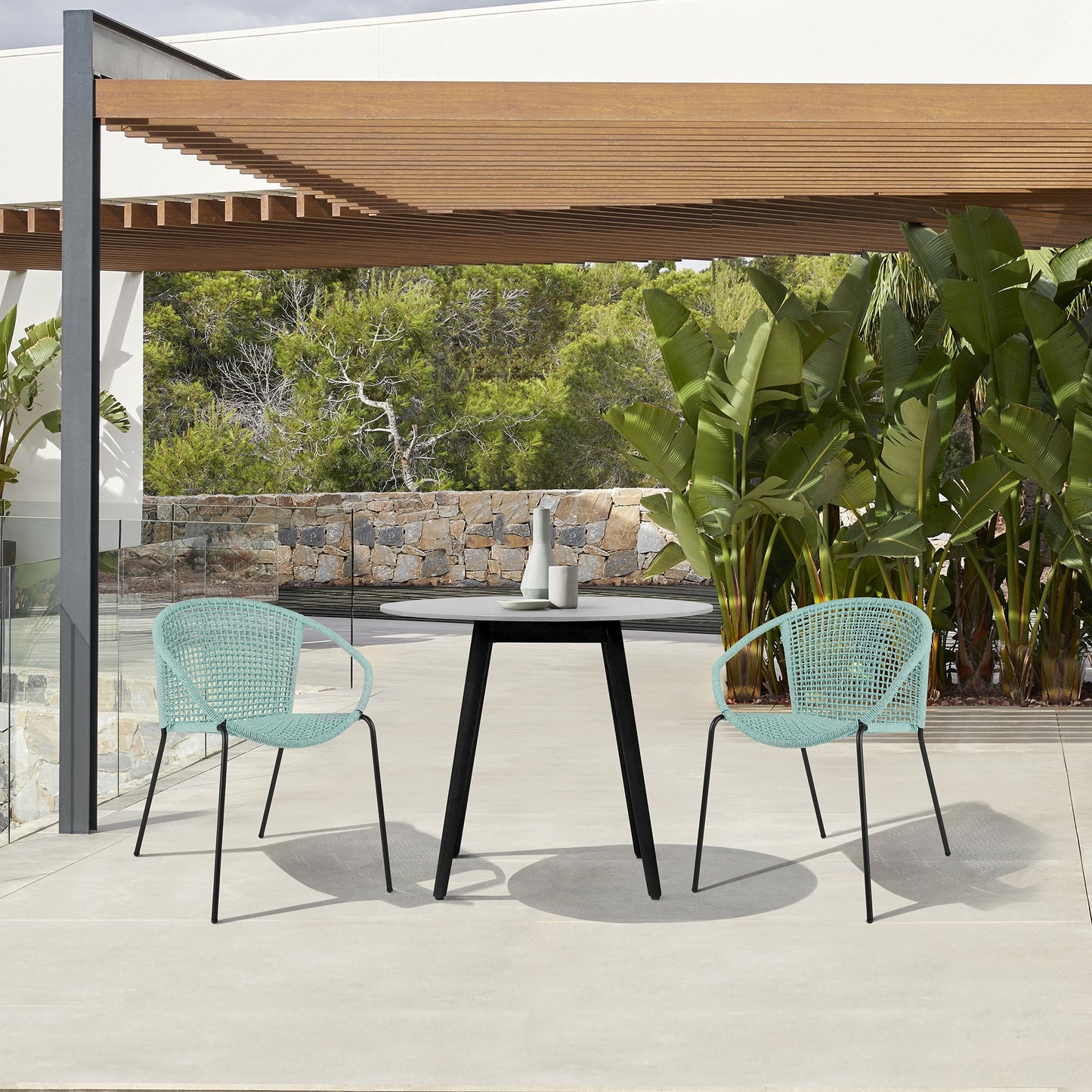 Sydney and Snack 3 Piece Outdoor Patio 36" Dining Set in Black Eucalyptus Wood and Wasabi Rope