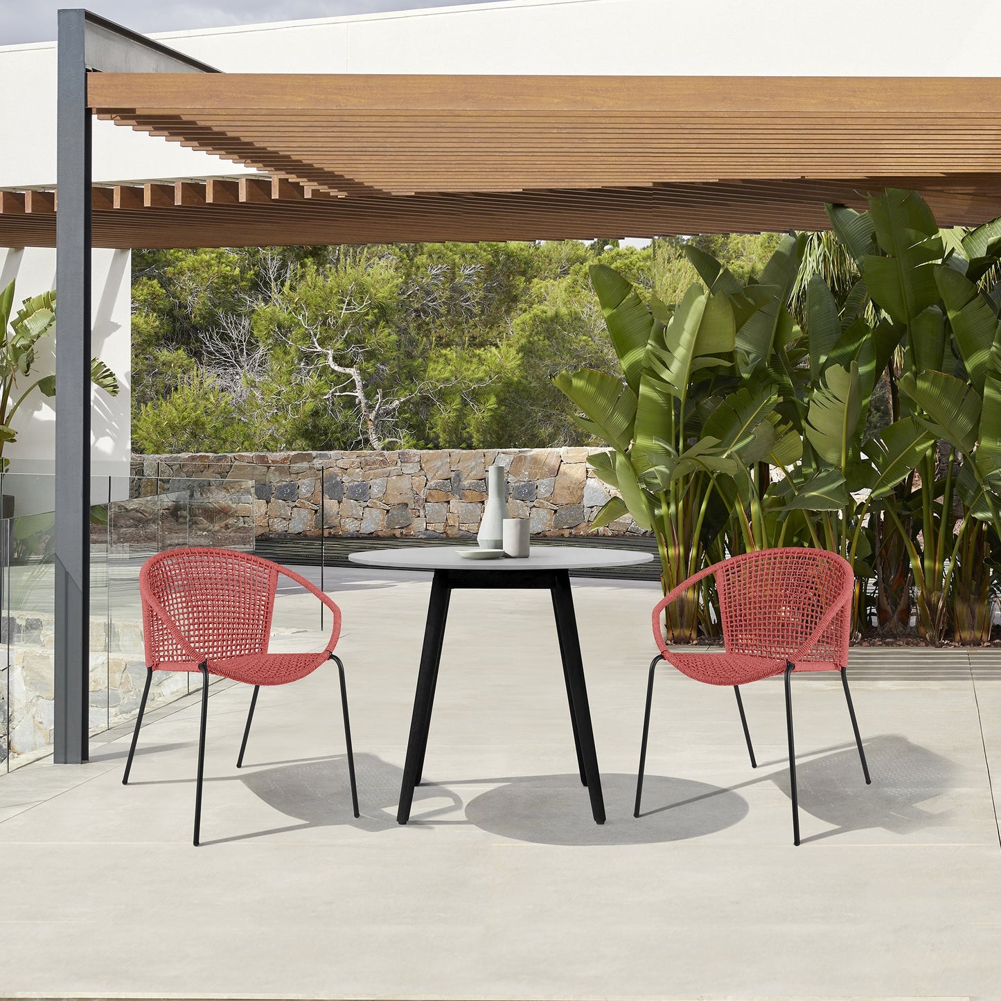 Sydney and Snack 3 Piece Outdoor Patio 36" Dining Set in Black Eucalyptus Wood and Brick Red Rope