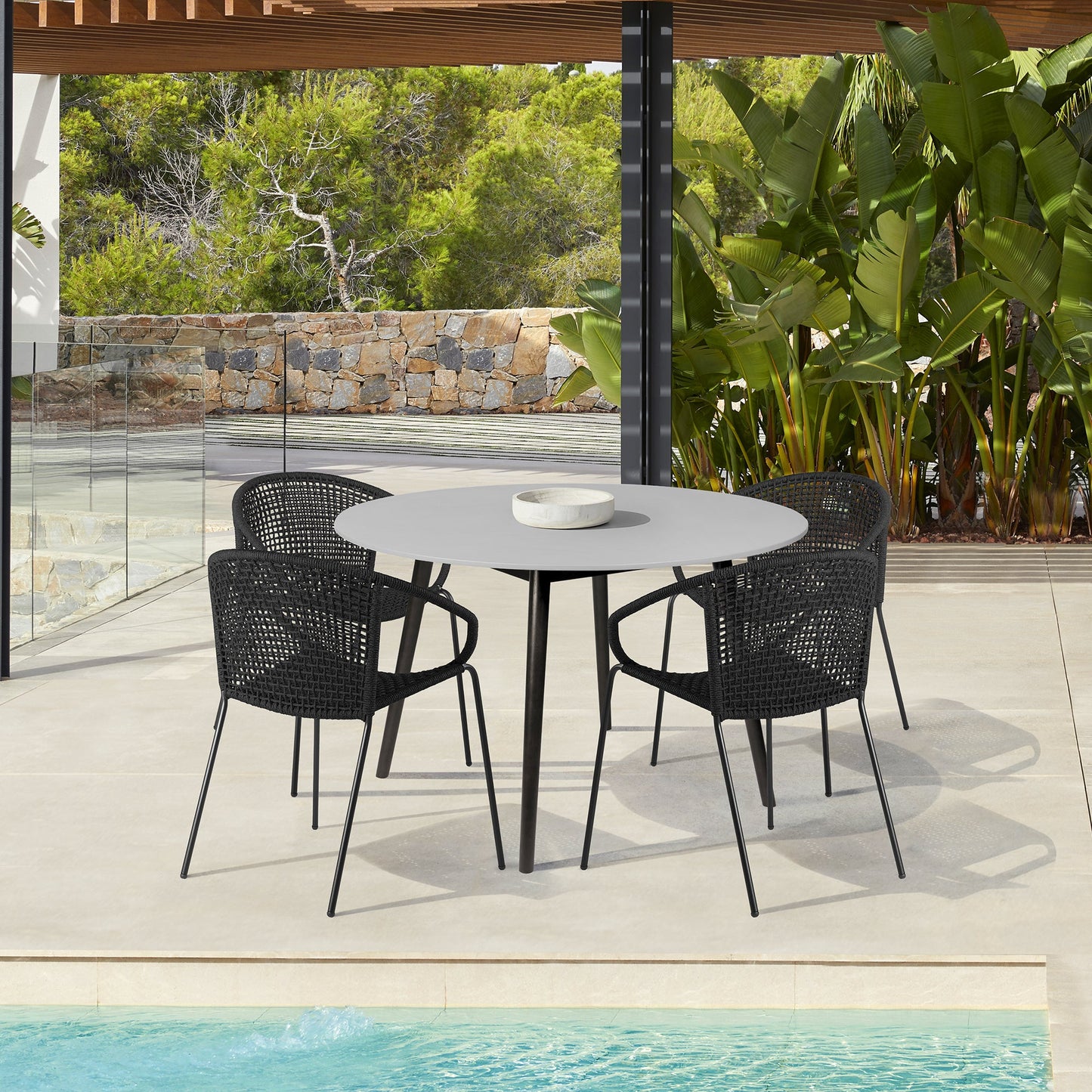 Sydney and Snack 5 Piece Outdoor Patio Dining Set in Black Rope with Black Eucalyptus Wood