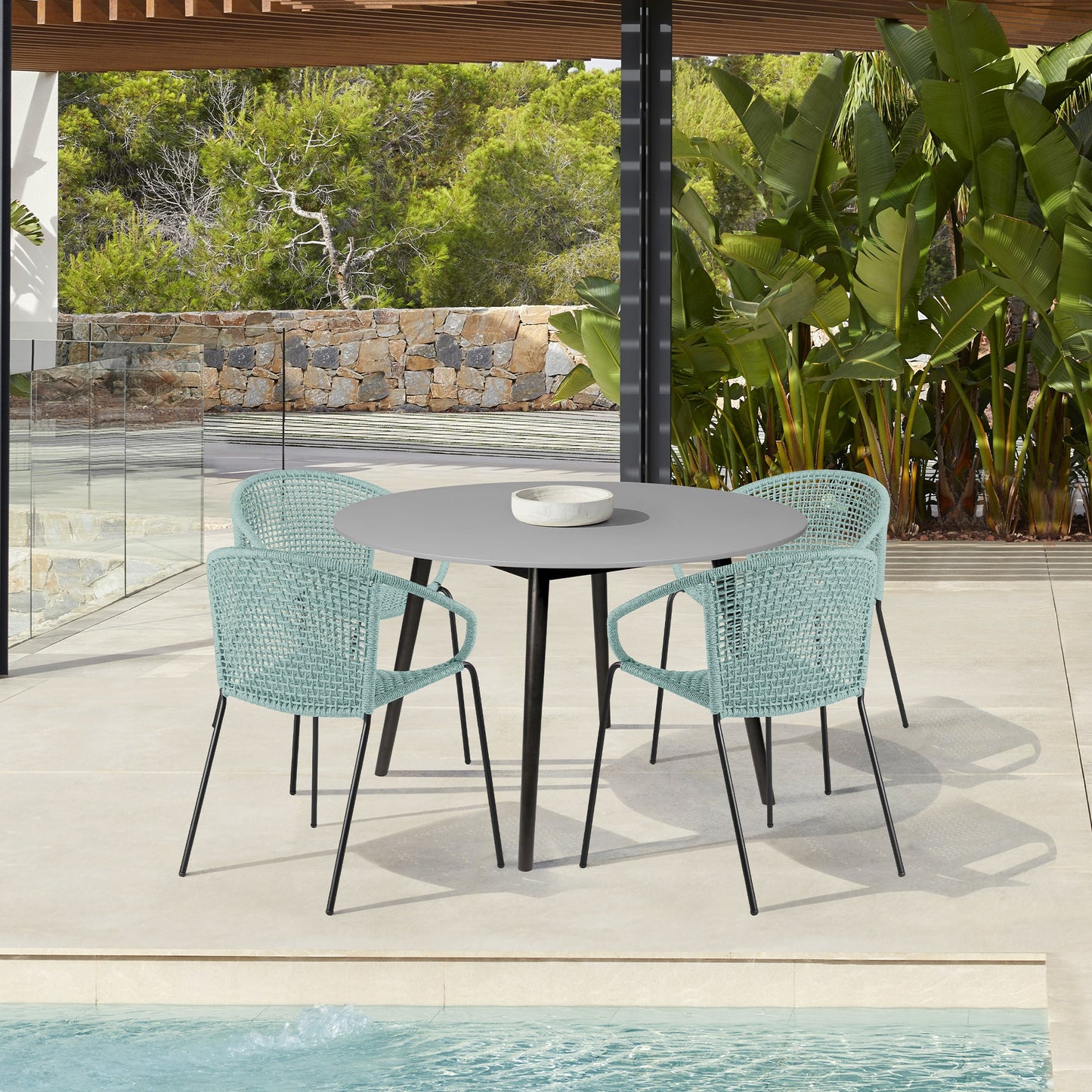 Sydney and Snack 5 Piece Outdoor Patio Dining Set in Wasabi Rope with Black Eucalyptus Wood