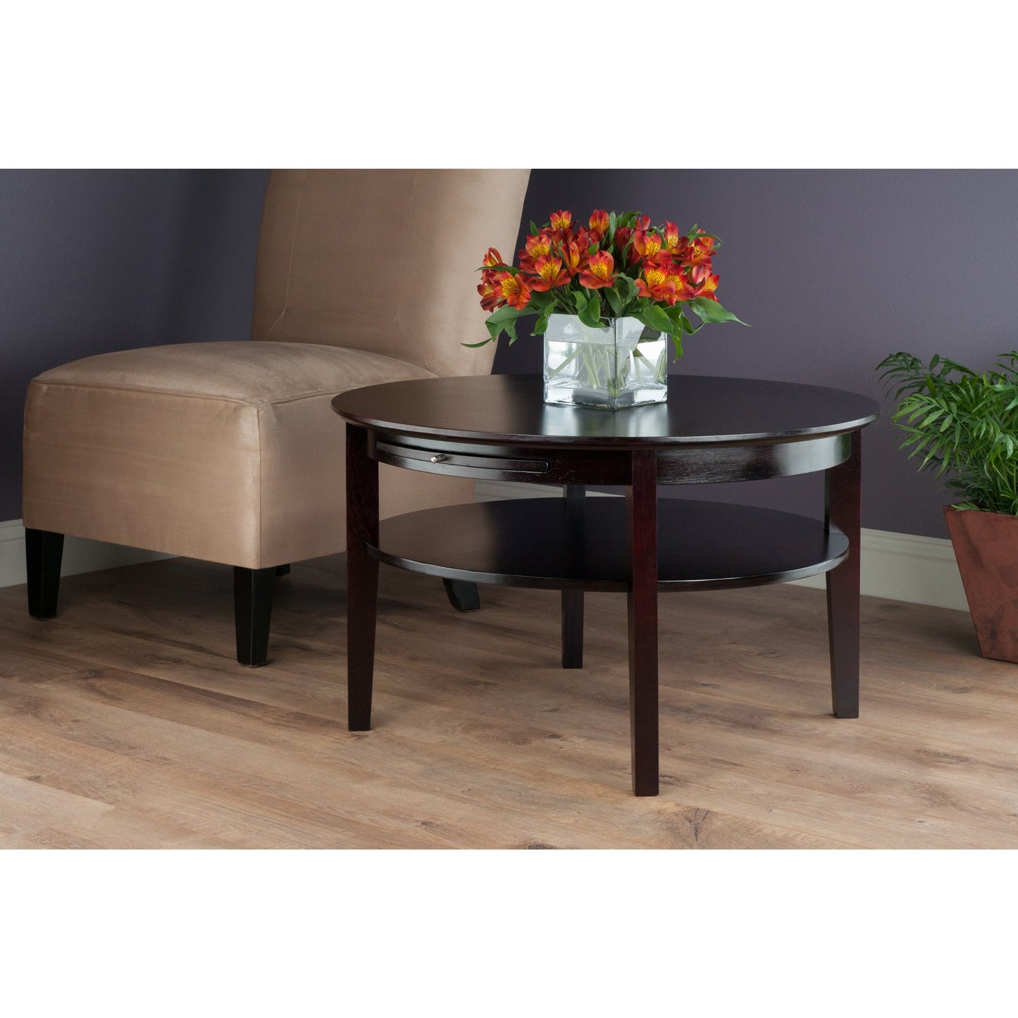 Amelia Round Coffee Table with Pull out Tray, Espresso