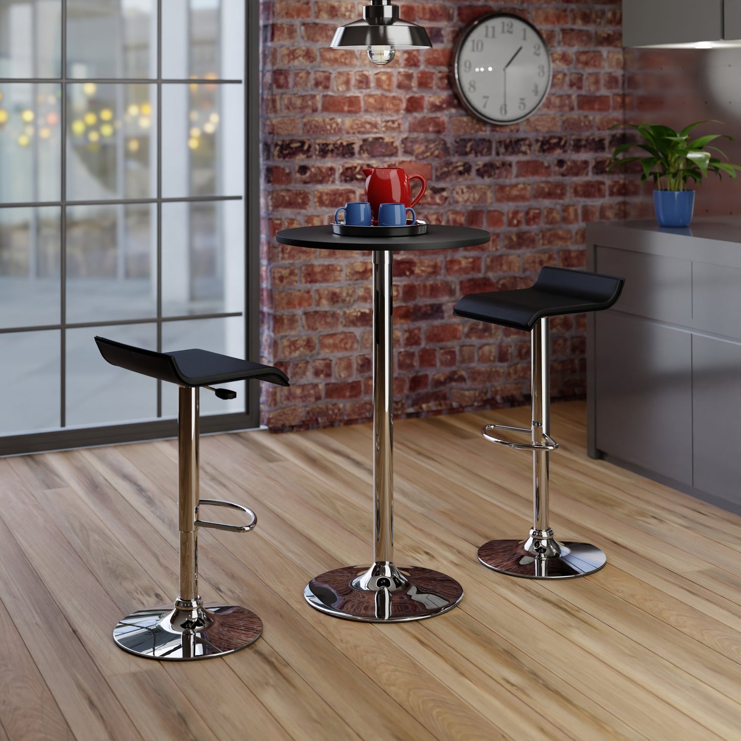 Spectrum 3-Pc Pub Table with Adjustable Swivel Stools, Black and Chrome