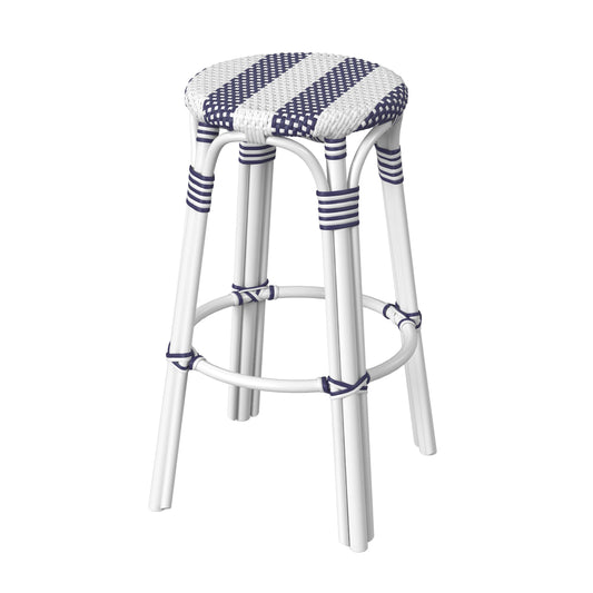 Tobias Round Rattan 30" Bar Stool in White and Navy Stripe  9370035