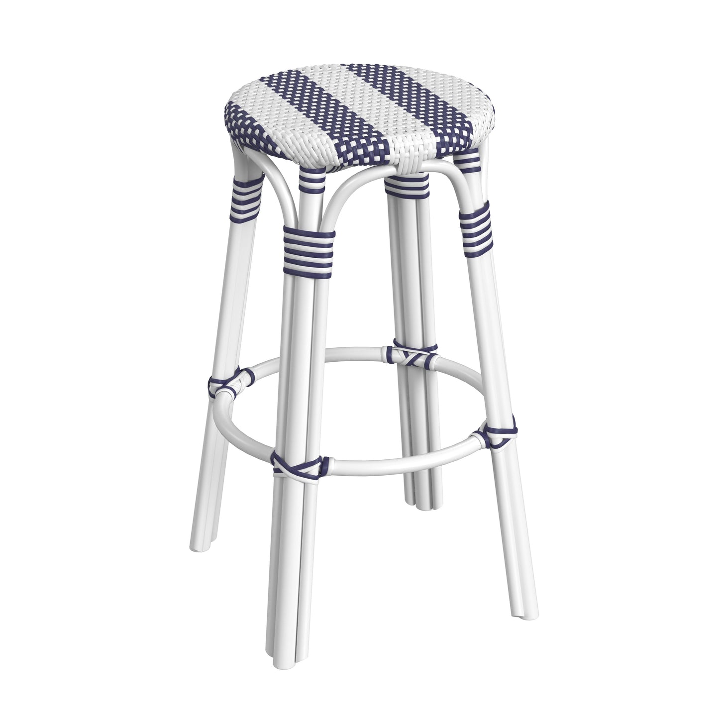 Tobias Round Rattan 30" Bar Stool in White and Navy Stripe  9370035