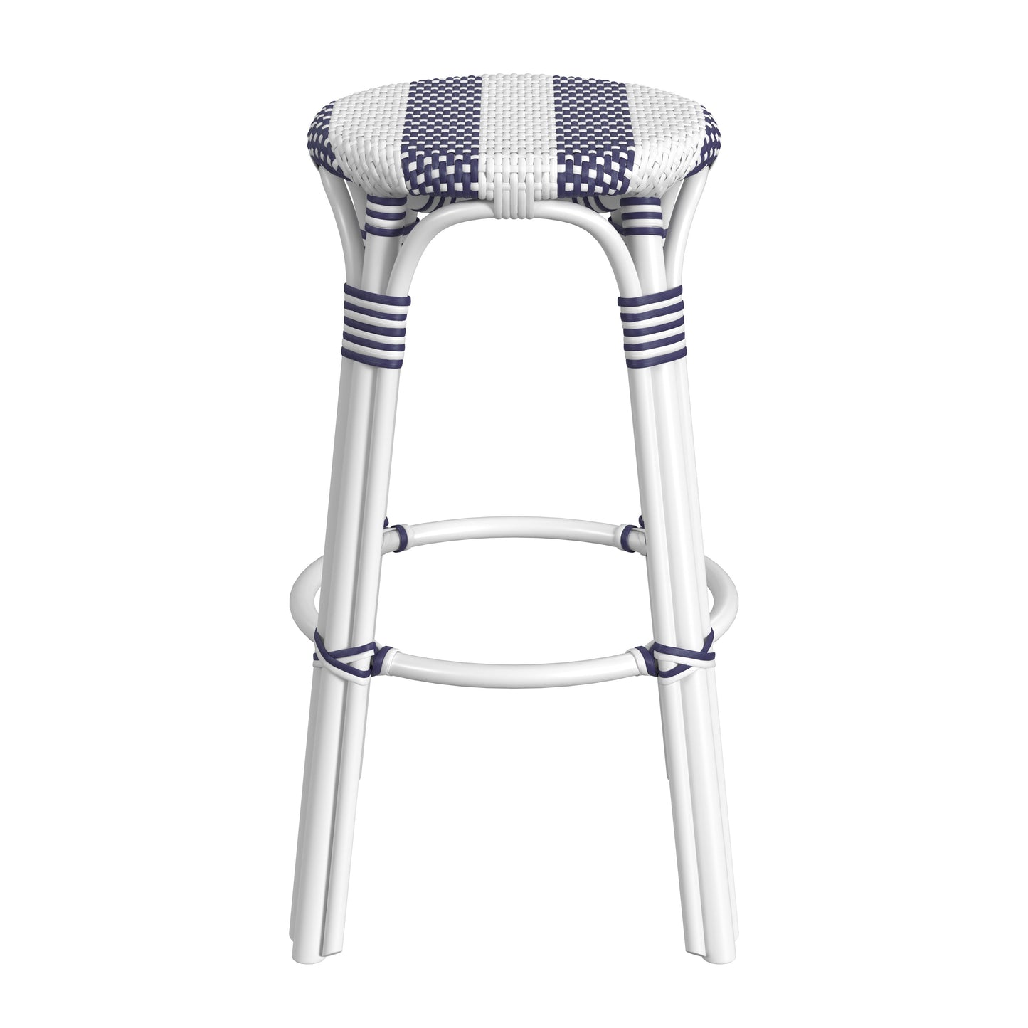 Tobias Round Rattan 30" Bar Stool in White and Navy Stripe  9370035