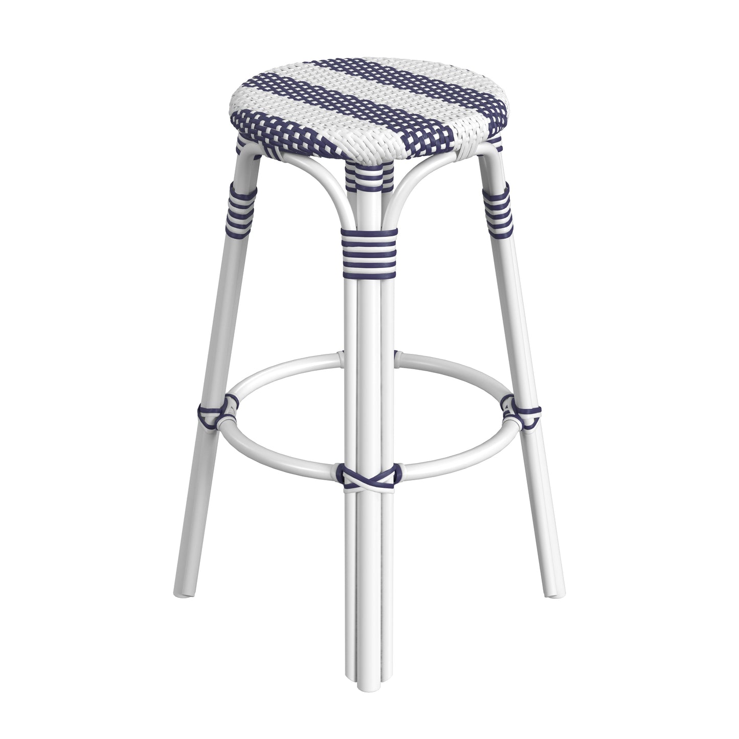 Tobias Round Rattan 30" Bar Stool in White and Navy Stripe  9370035