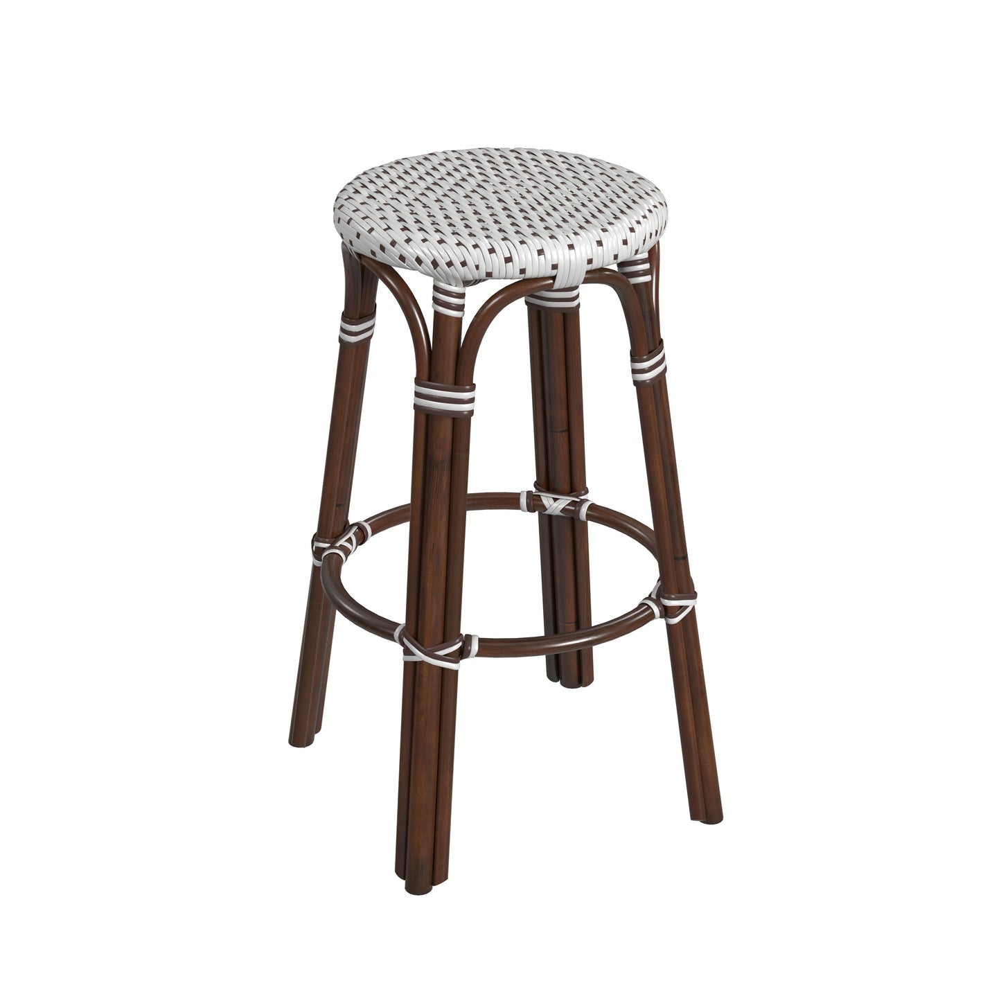 Tobias Round Rattan 30" Bar Stool in White and Brown Dot  9370117