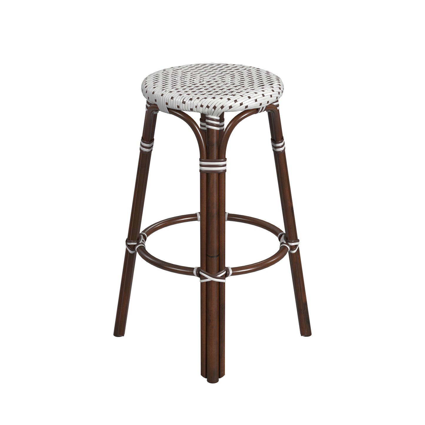 Tobias Round Rattan 30" Bar Stool in White and Brown Dot  9370117