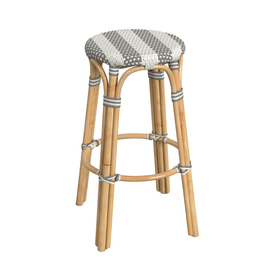 Tobias Round Rattan 30" Bar Stool in Gray and White Stripe  9370144