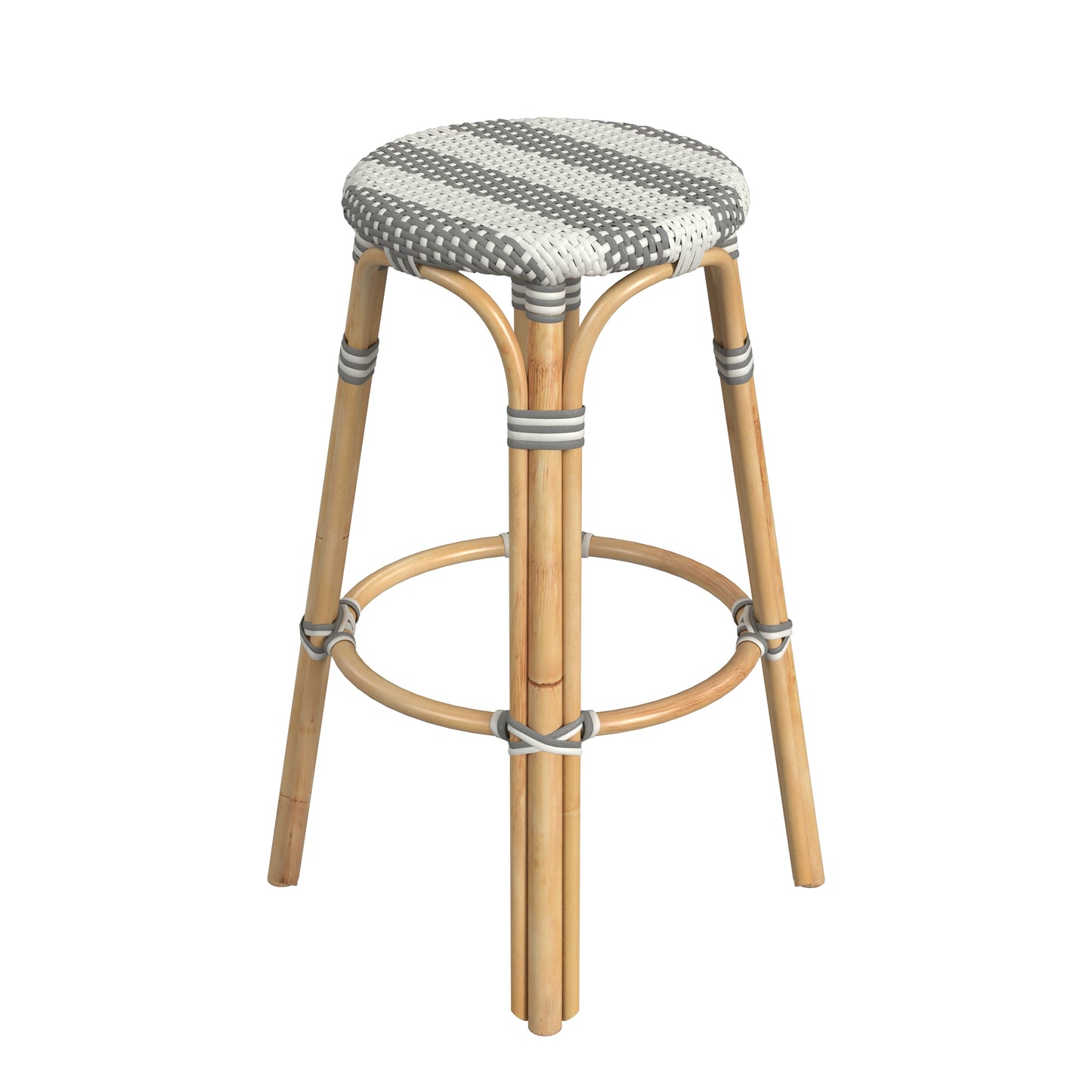 Tobias Round Rattan 30" Bar Stool in Gray and White Stripe  9370144