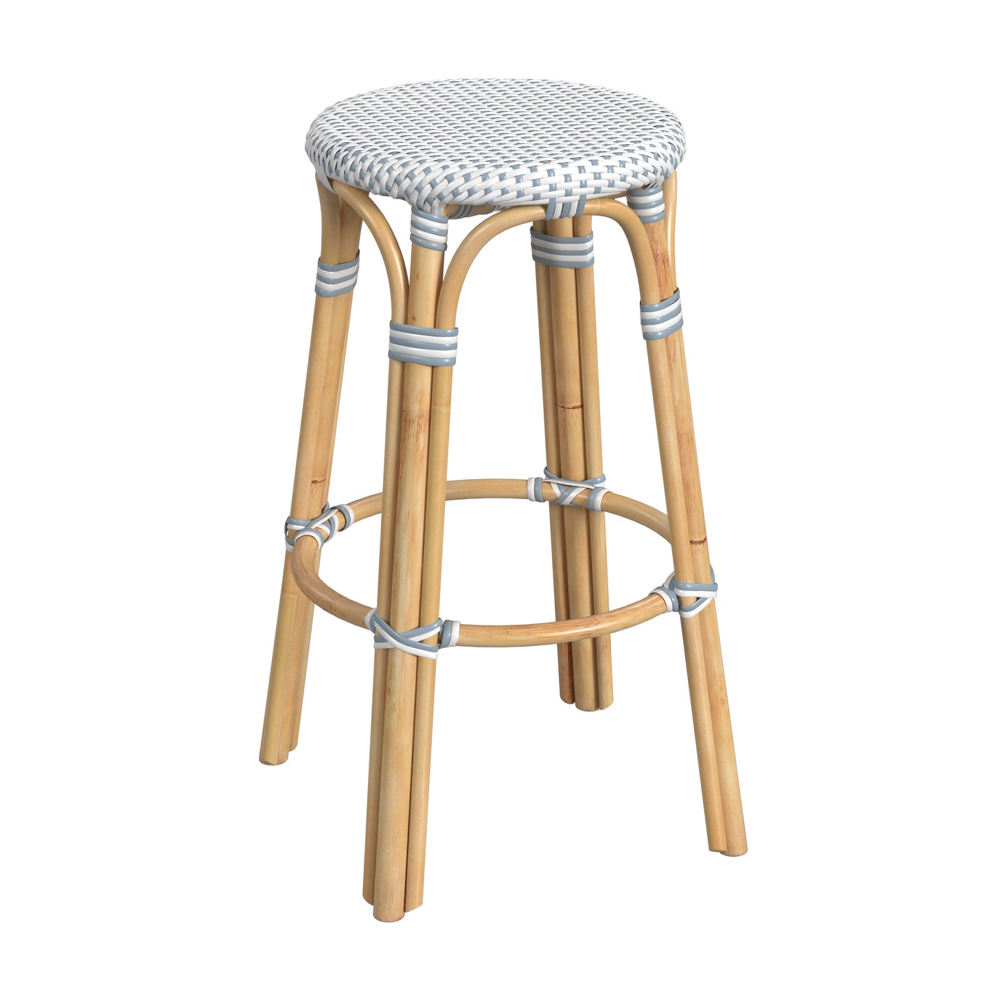 Tobias Round Rattan 30" Bar Stool in White and Sky Blue Dot  9370194