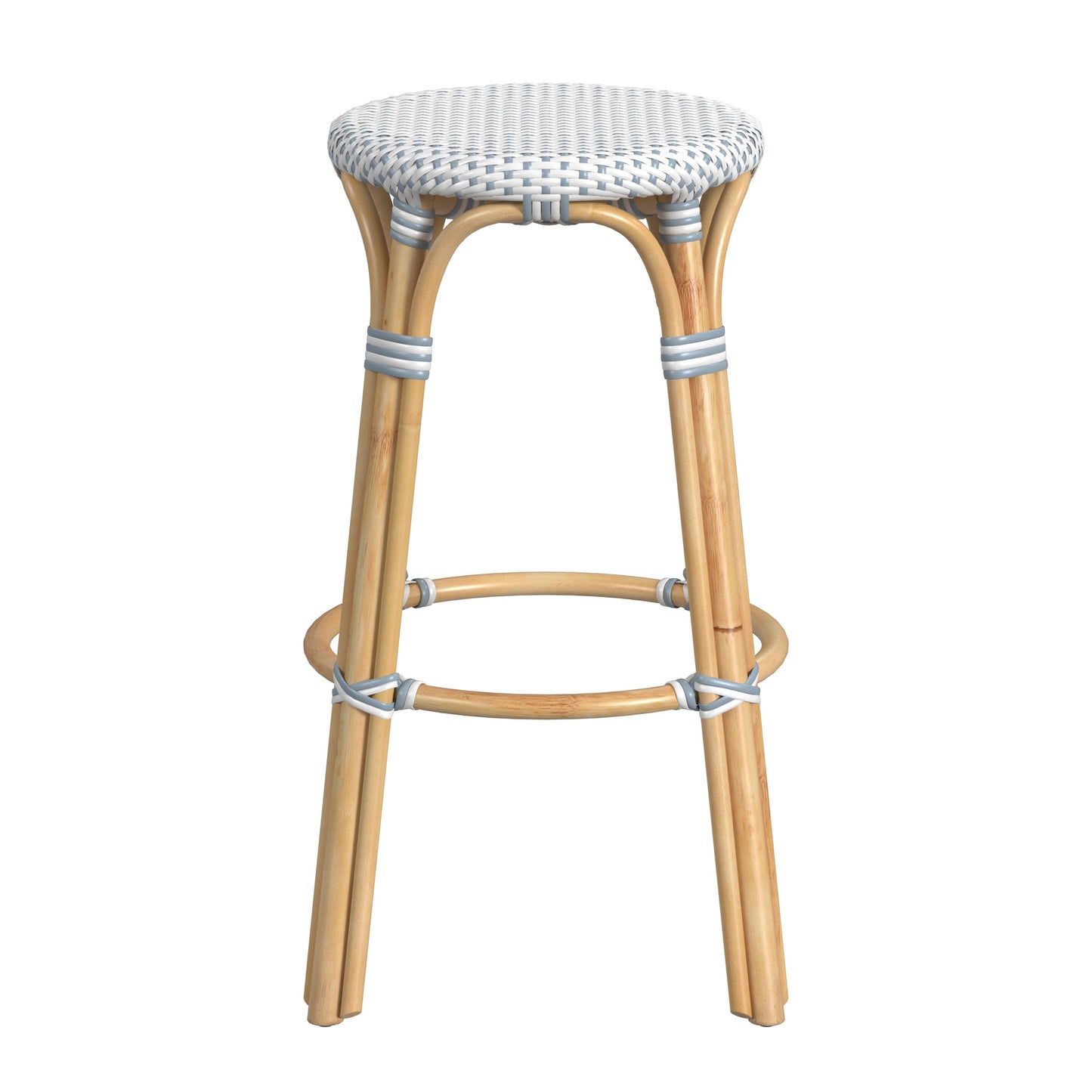 Tobias Round Rattan 30" Bar Stool in White and Sky Blue Dot  9370194