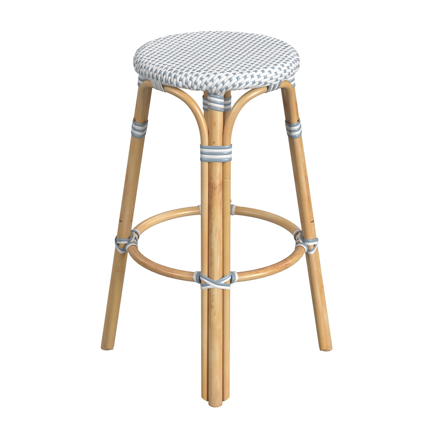 Tobias Round Rattan 30" Bar Stool in White and Sky Blue Dot  9370194