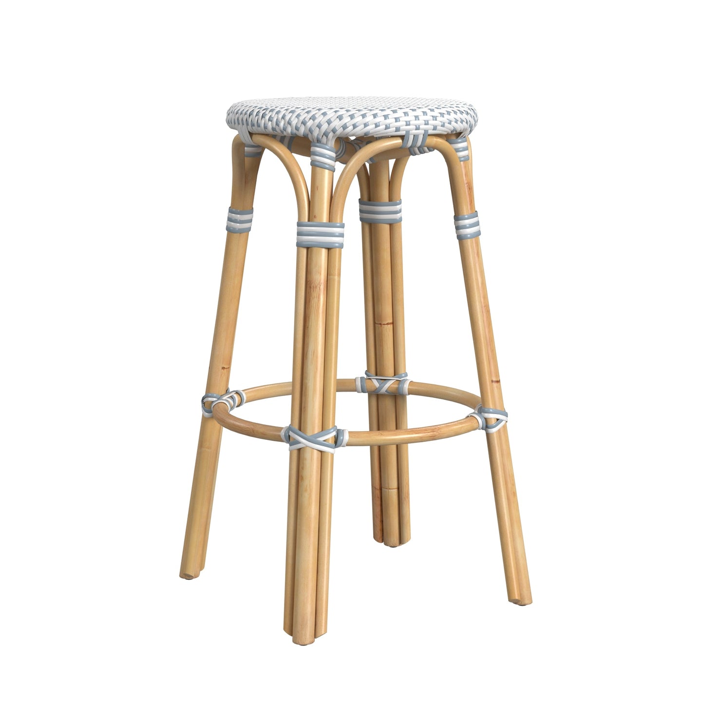 Tobias Round Rattan 30" Bar Stool in White and Sky Blue Dot  9370194