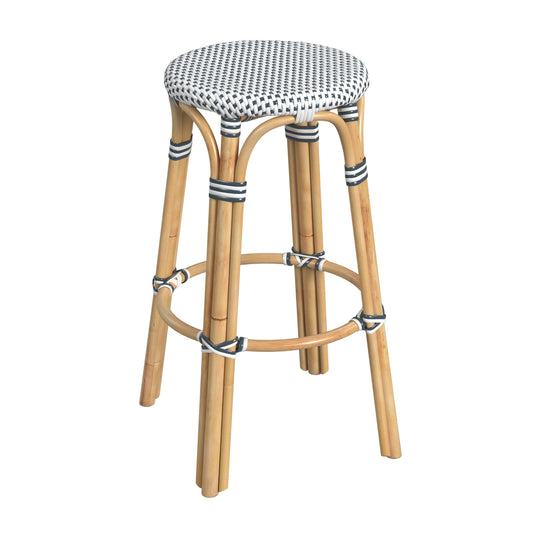 Tobias Round Rattan 30" Bar Stool in White and Navy Dot  9370222