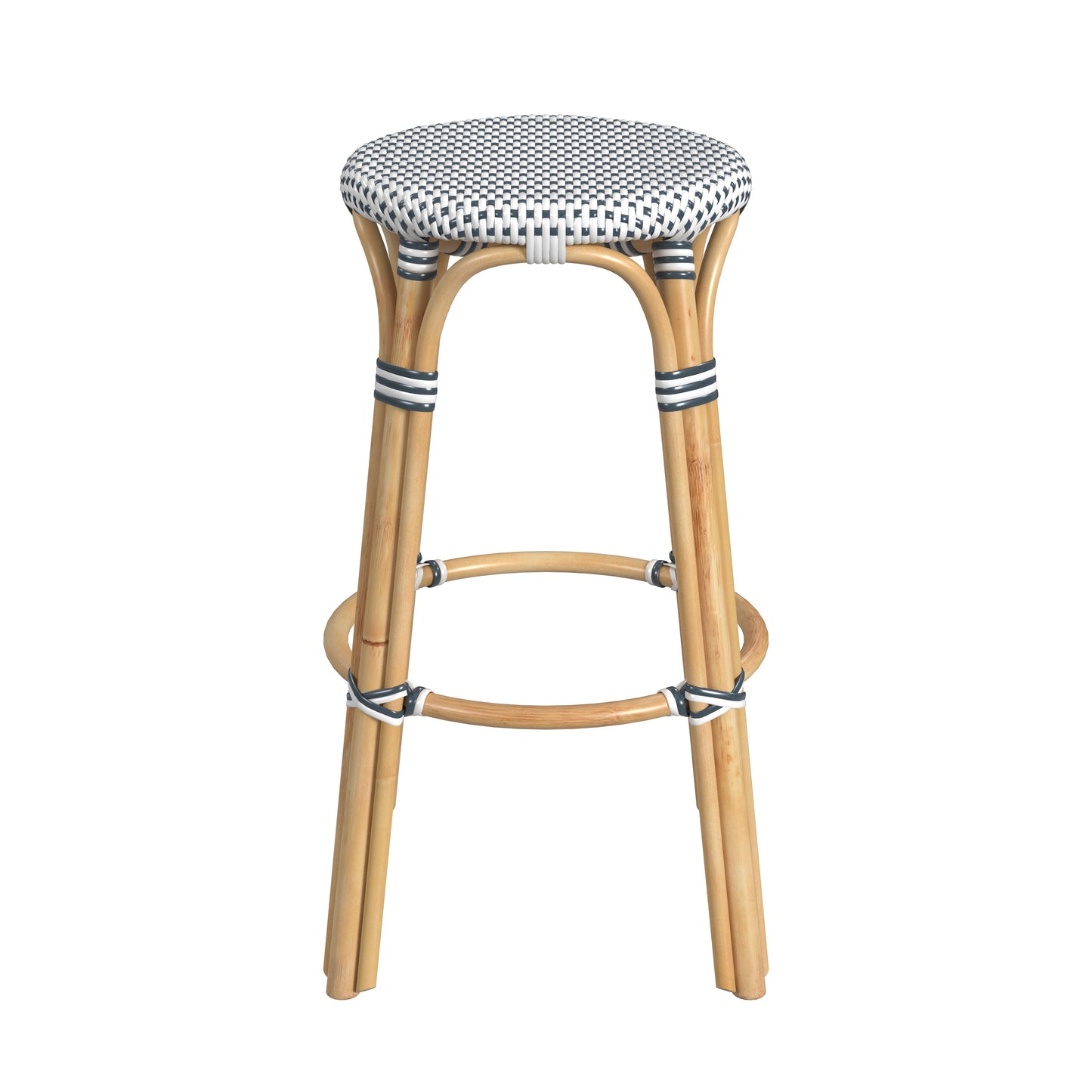 Tobias Round Rattan 30" Bar Stool in White and Navy Dot  9370222