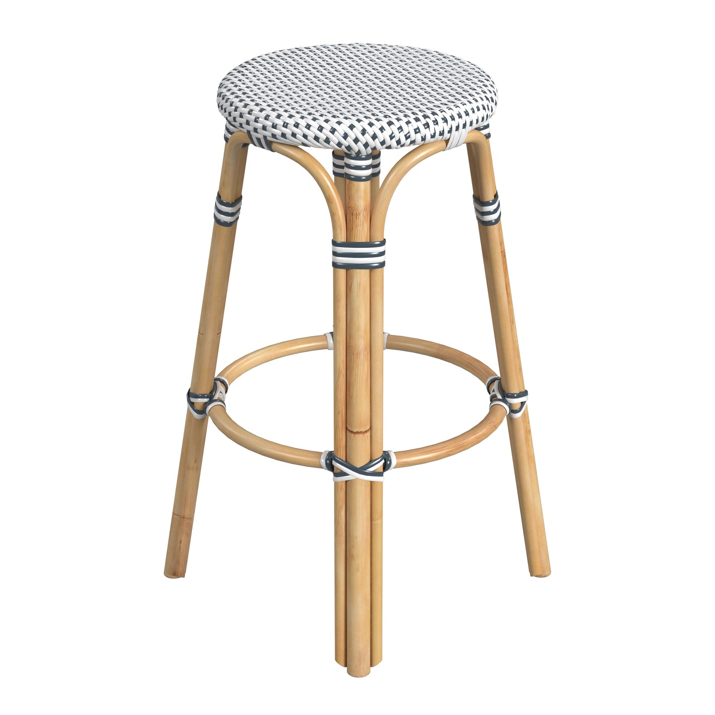 Tobias Round Rattan 30" Bar Stool in White and Navy Dot  9370222