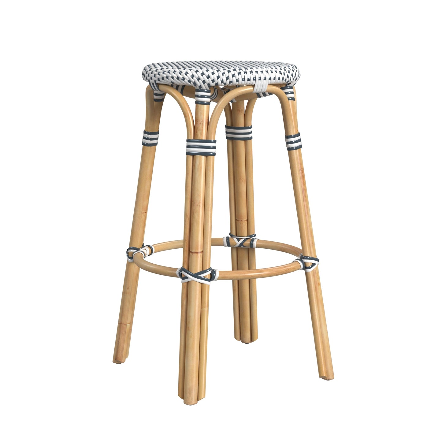 Tobias Round Rattan 30" Bar Stool in White and Navy Dot  9370222