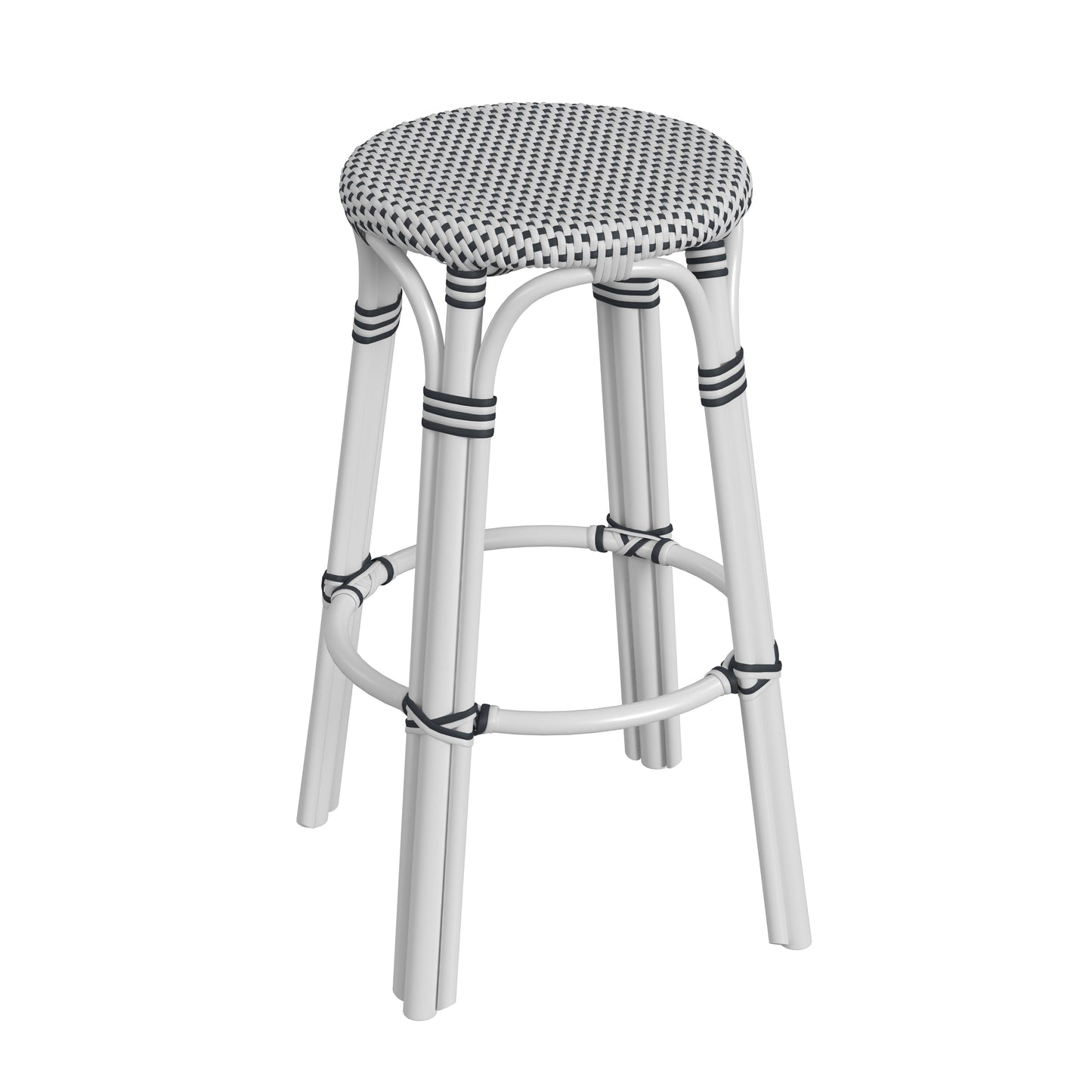 Tobias Round Rattan 30" Bar Stool in White and Black Dot  9370288