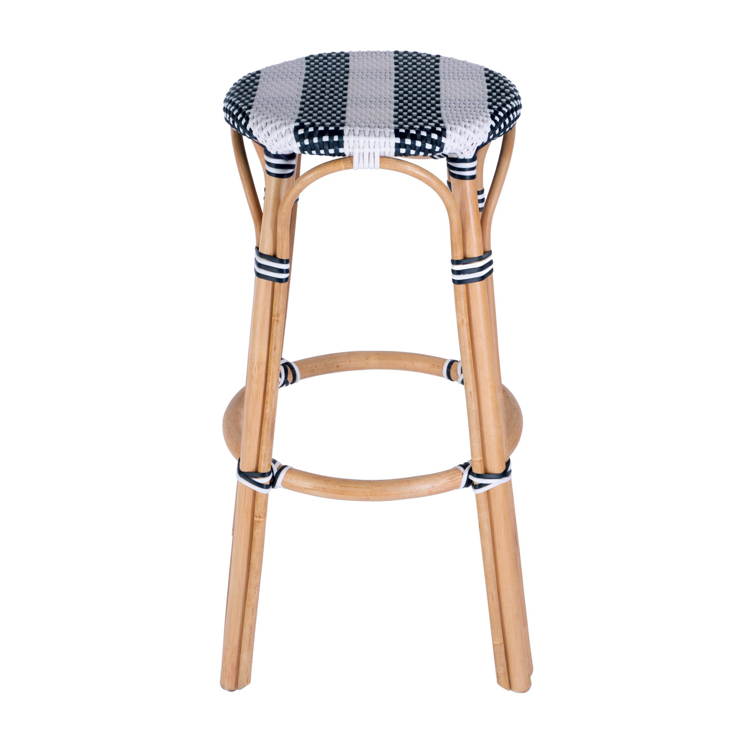 Tobias Round Rattan 30" Bar Stool in White and Navy Stripe  9370291