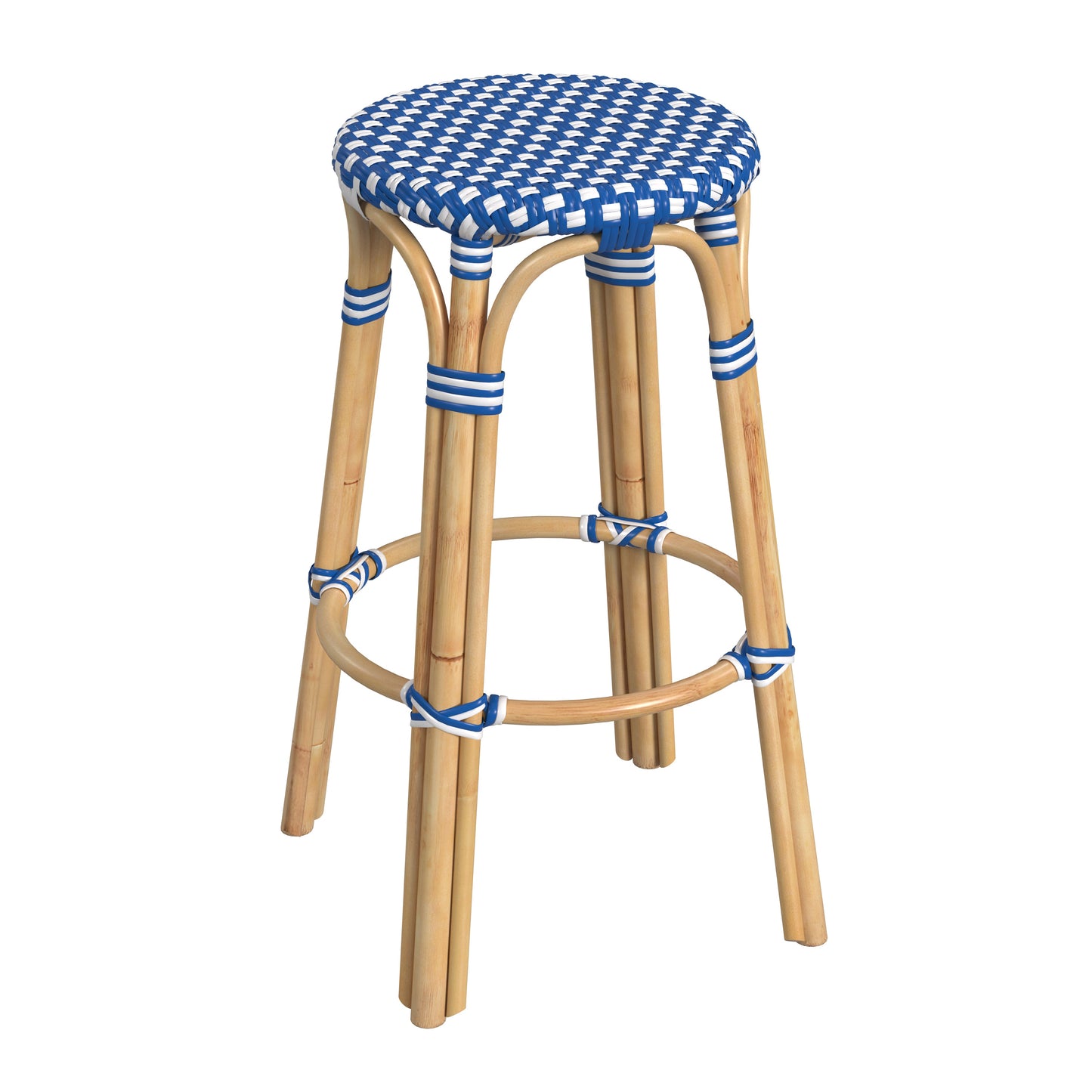 Tobias Round Rattan 30" Bar Stool in Blue and White Dot  9370303