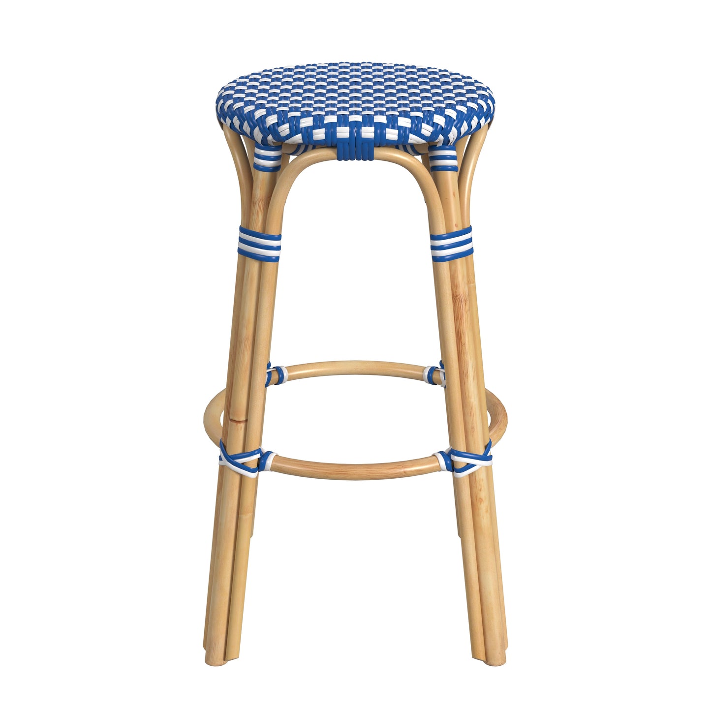 Tobias Round Rattan 30" Bar Stool in Blue and White Dot  9370303