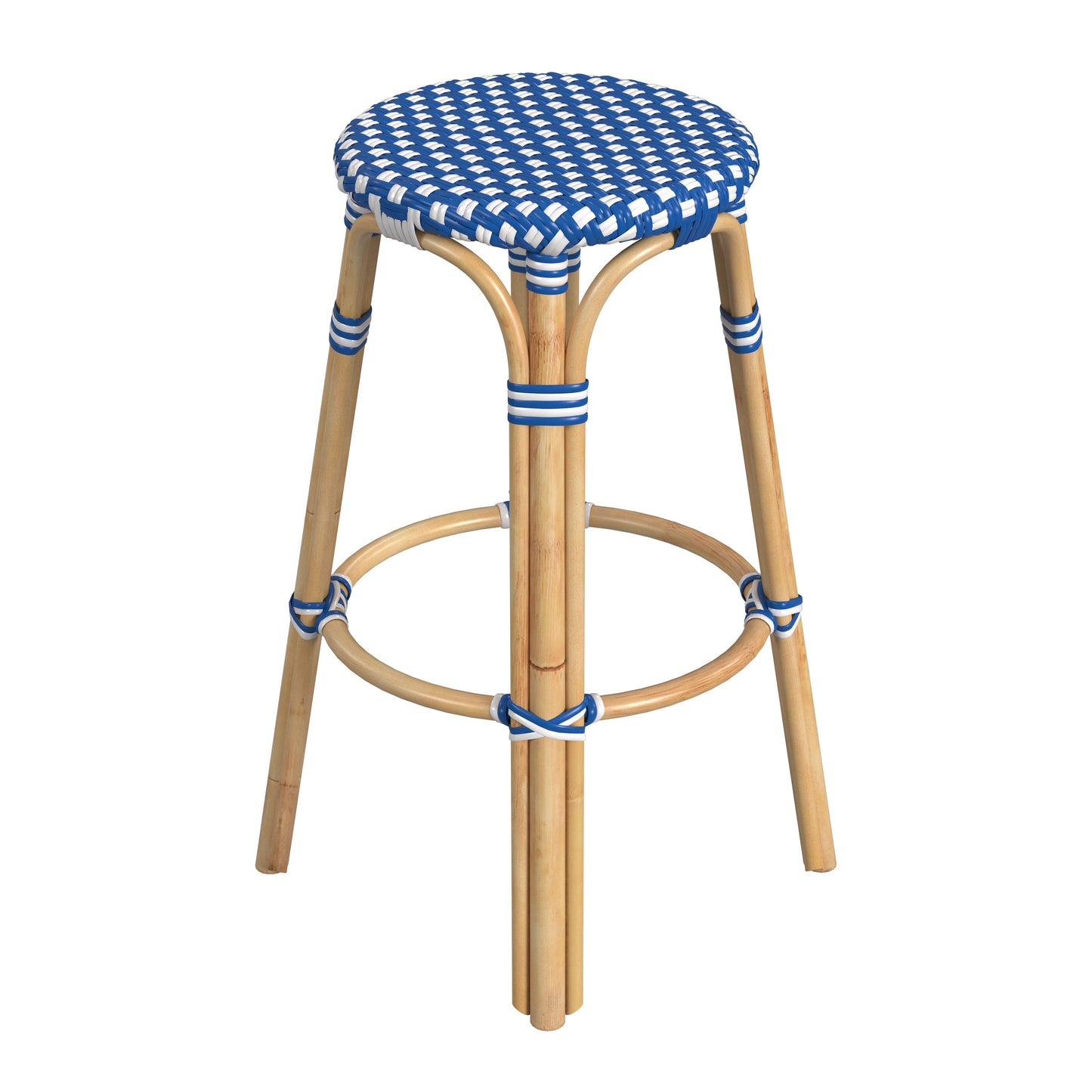 Tobias Round Rattan 30" Bar Stool in Blue and White Dot  9370303