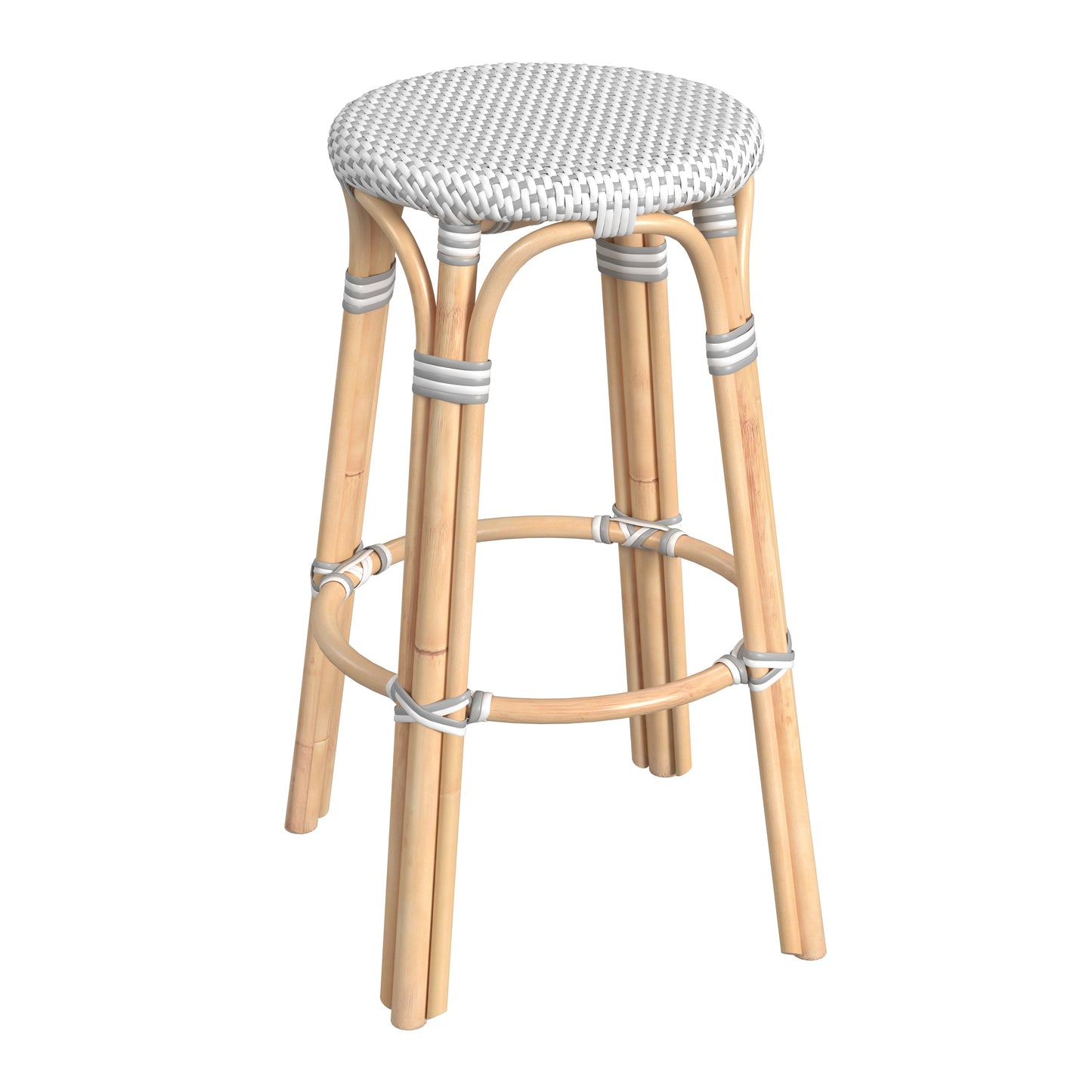 Tobias Round Rattan 30" Bar Stool in White and Gray Dot  9370329