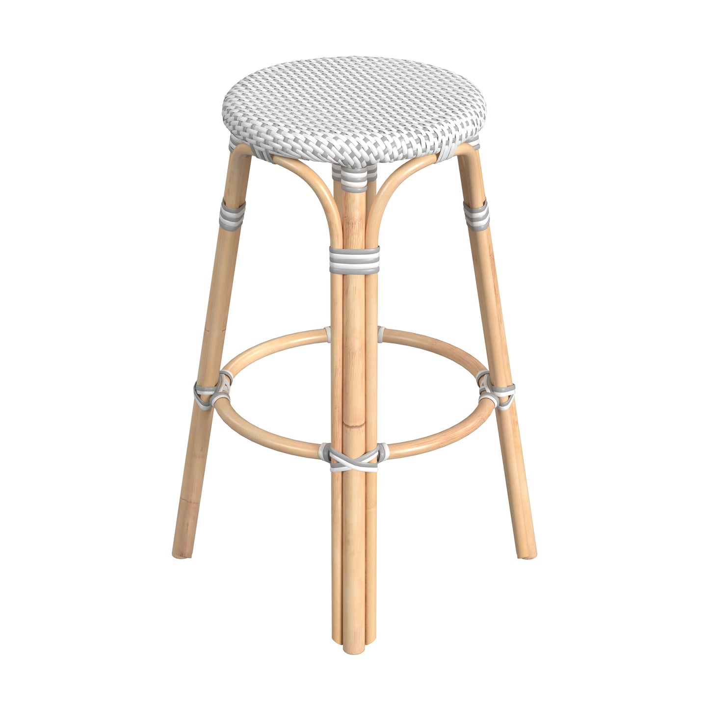 Tobias Round Rattan 30" Bar Stool in White and Gray Dot  9370329