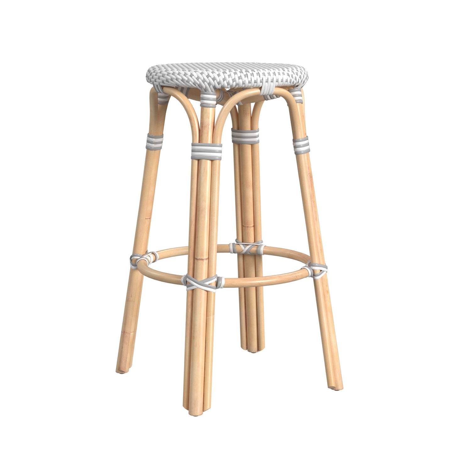 Tobias Round Rattan 30" Bar Stool in White and Gray Dot  9370329