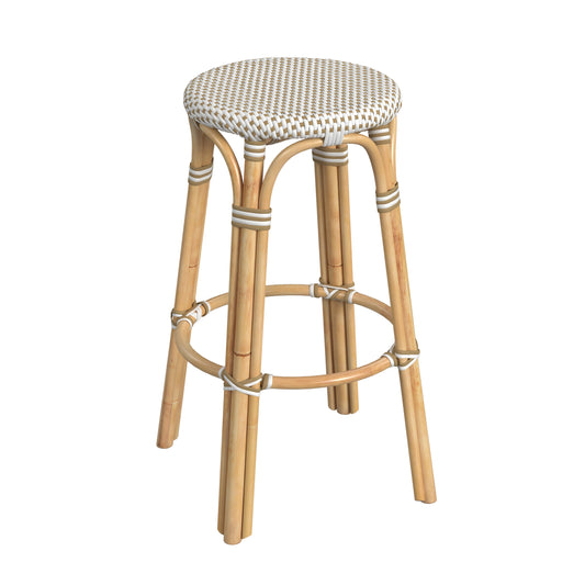 Tobias Round Rattan 30" Bar Stool in White and Tan Dot  9370415