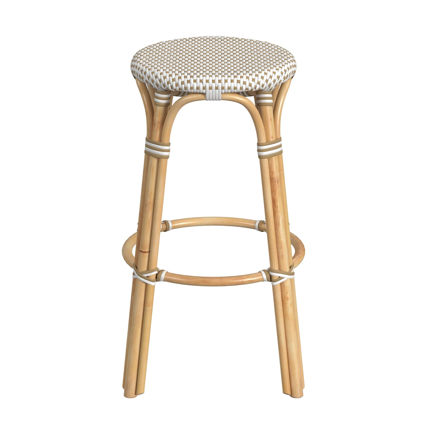 Tobias Round Rattan 30" Bar Stool in White and Tan Dot  9370415