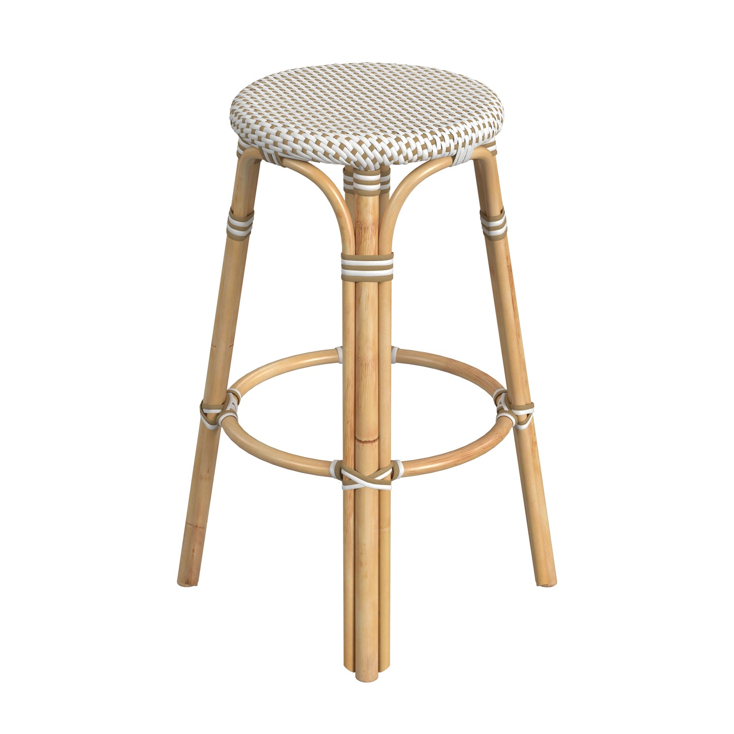 Tobias Round Rattan 30" Bar Stool in White and Tan Dot  9370415