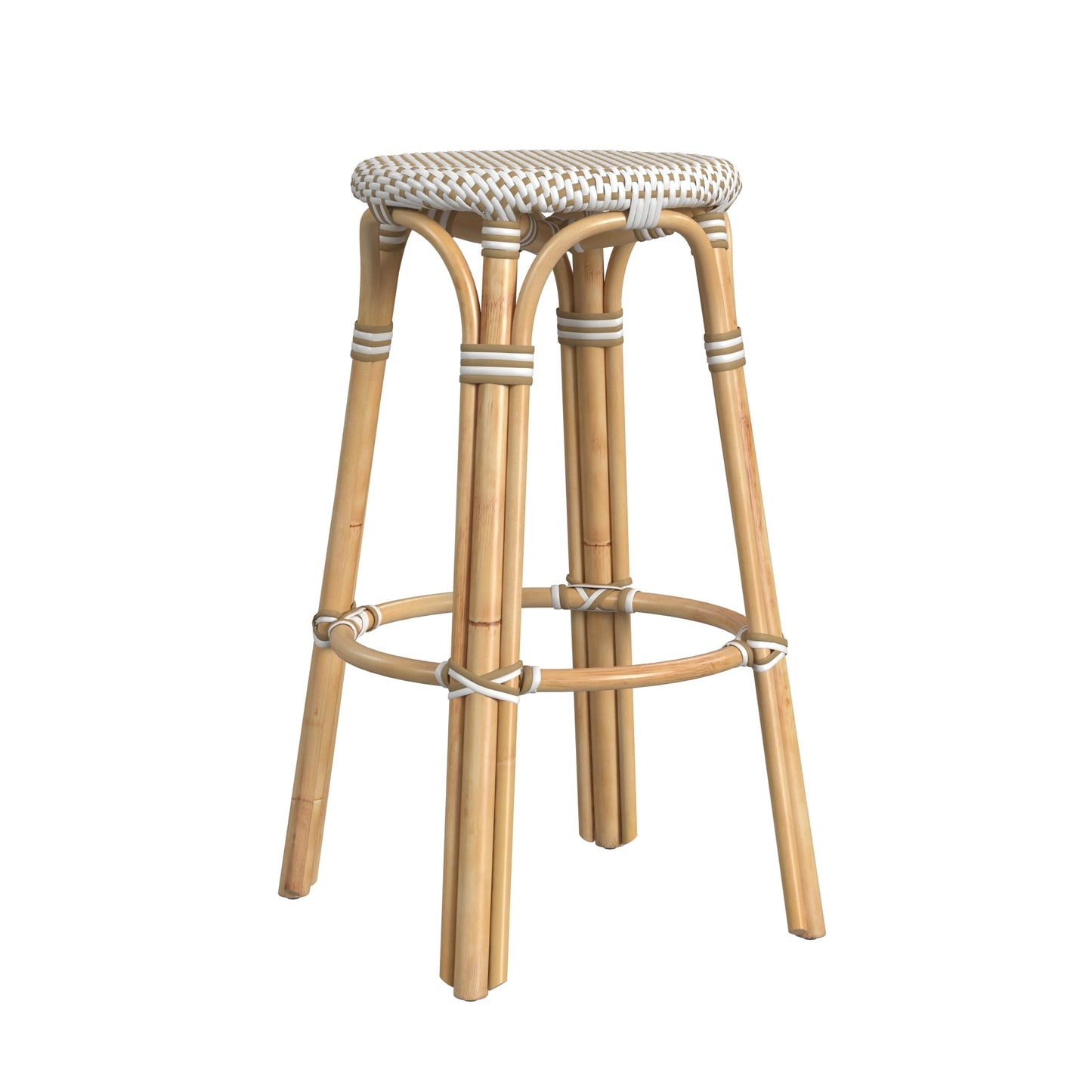 Tobias Round Rattan 30" Bar Stool in White and Tan Dot  9370415