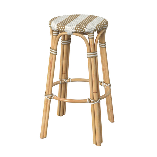 Tobias Round Rattan 30" Bar Stool in Tan and White Stripe  9370984