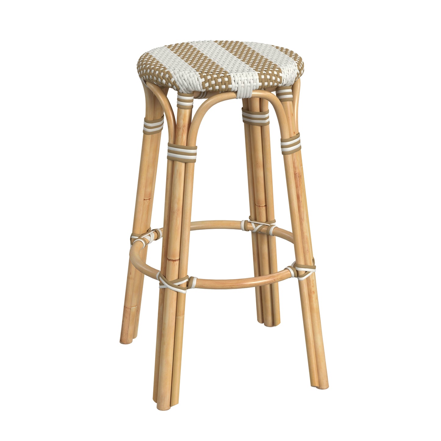 Tobias Round Rattan 30" Bar Stool in Tan and White Stripe  9370984