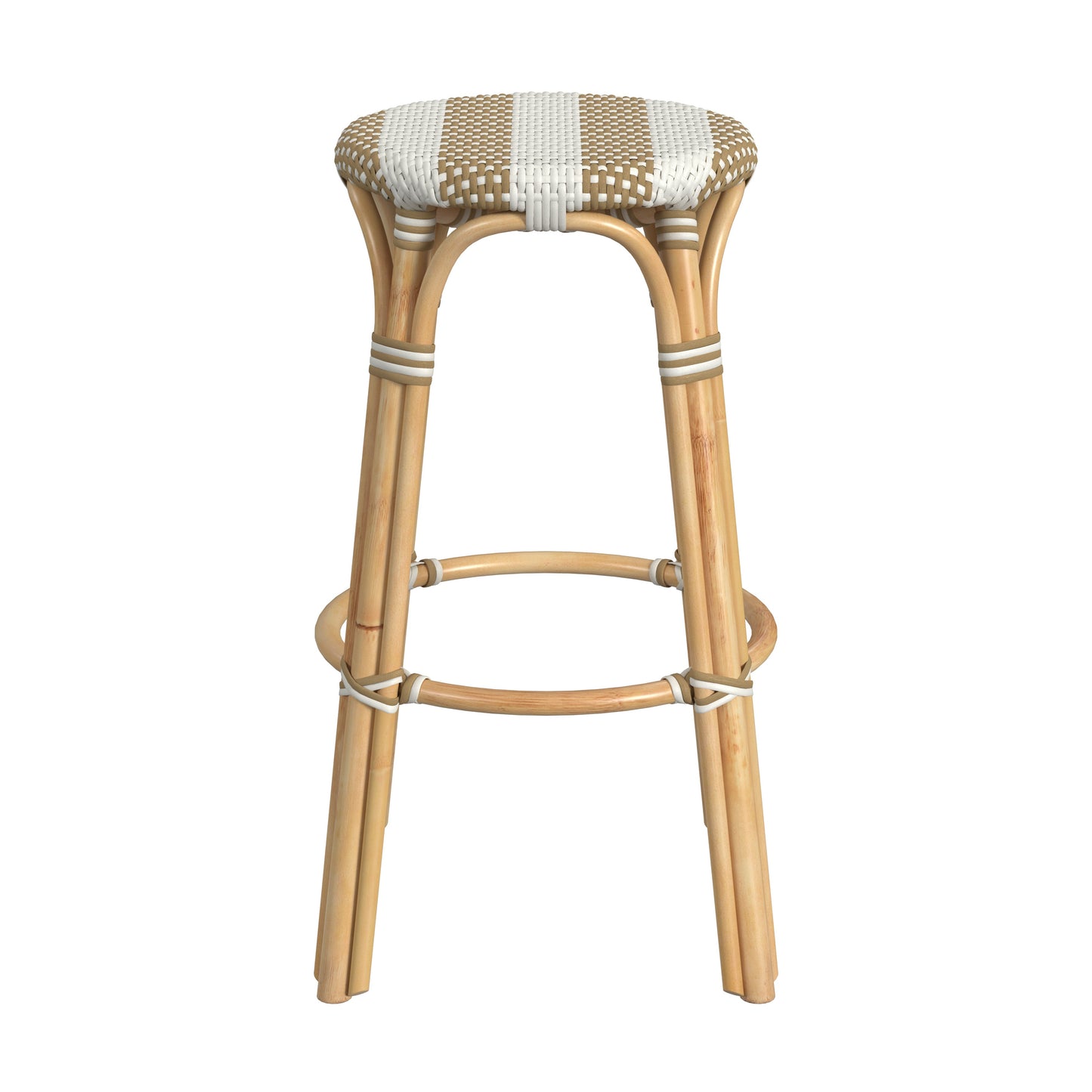 Tobias Round Rattan 30" Bar Stool in Tan and White Stripe  9370984