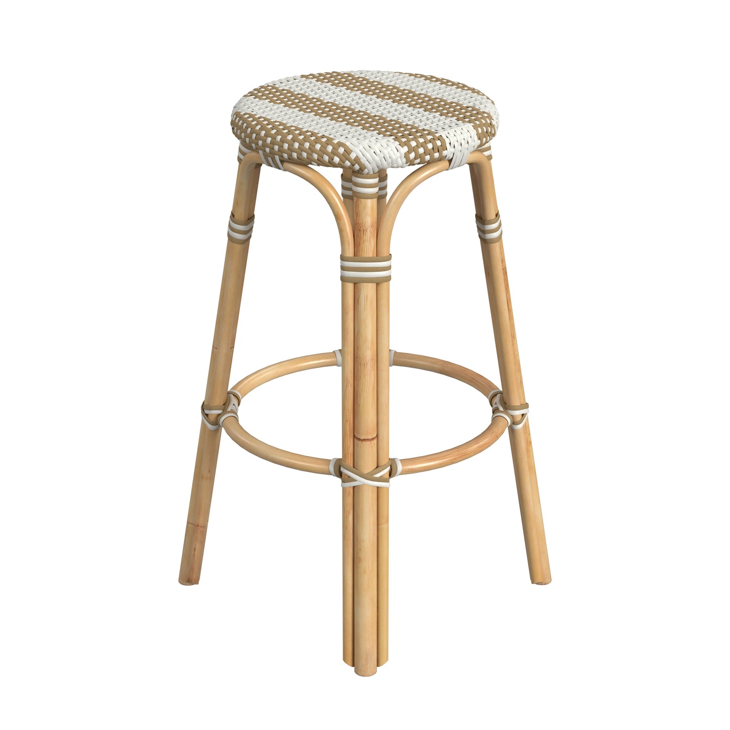 Tobias Round Rattan 30" Bar Stool in Tan and White Stripe  9370984