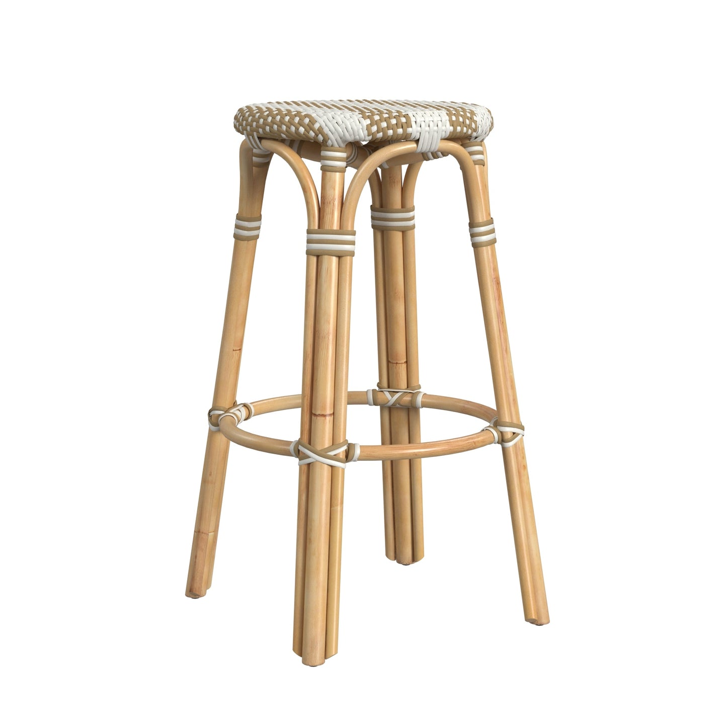 Tobias Round Rattan 30" Bar Stool in Tan and White Stripe  9370984