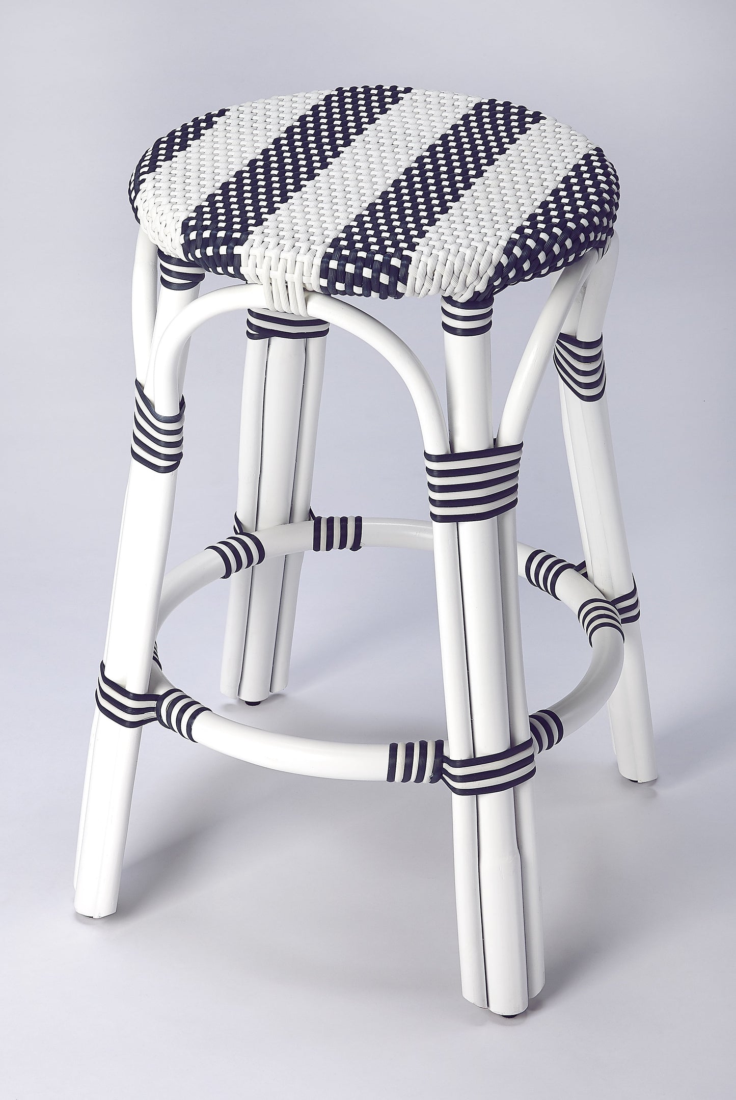 Tobias Rattan Round 24" Counter Stool in White and Navy Stripe  9371035