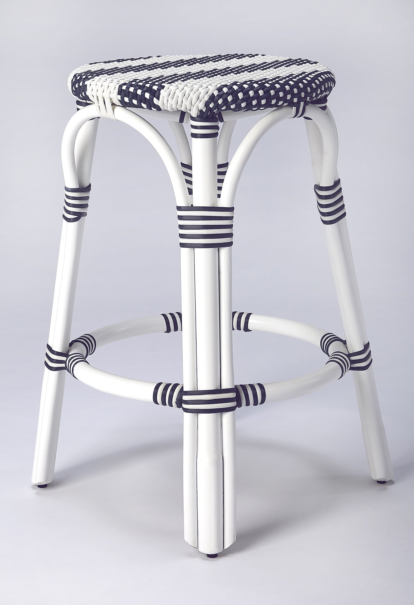 Tobias Rattan Round 24" Counter Stool in White and Navy Stripe  9371035