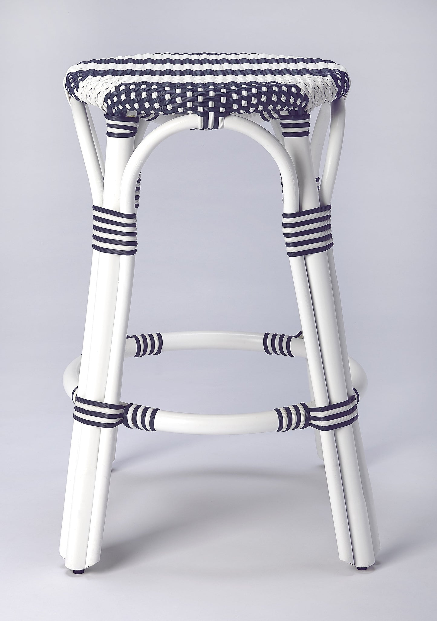 Tobias Rattan Round 24" Counter Stool in White and Navy Stripe  9371035