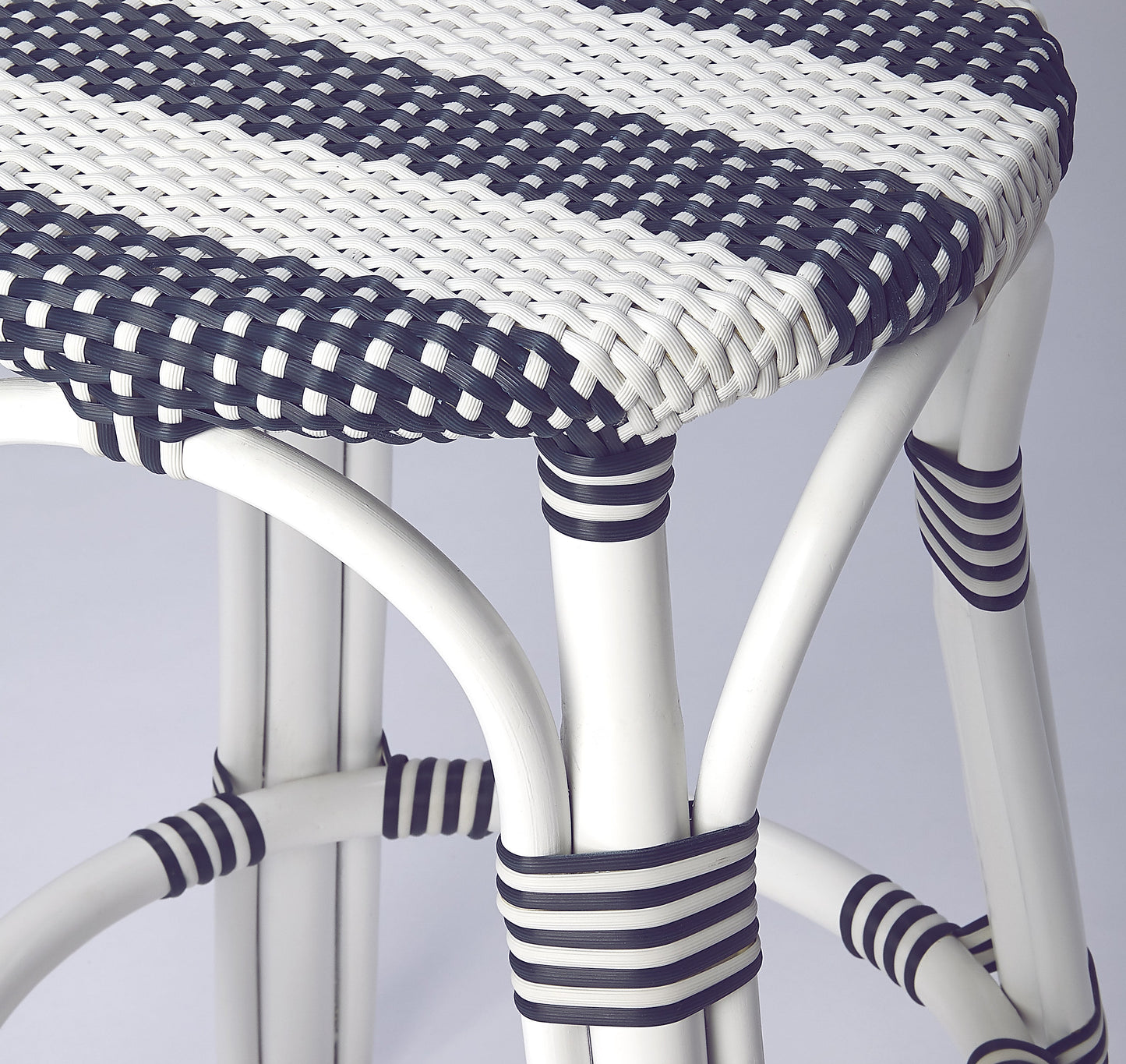 Tobias Rattan Round 24" Counter Stool in White and Navy Stripe  9371035