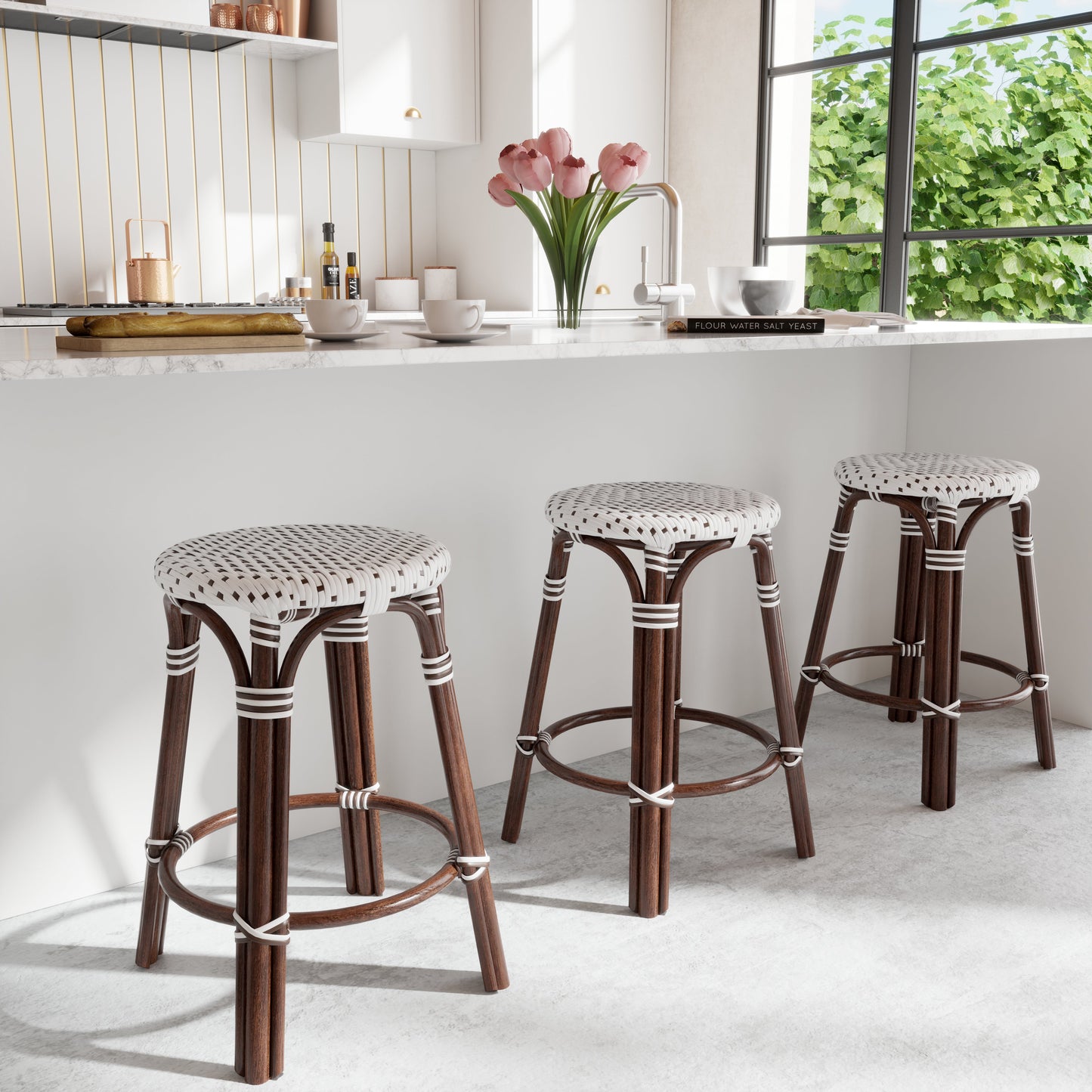 Tobias Rattan Round 24" Counter Stool in White and Brown Dot  9371117