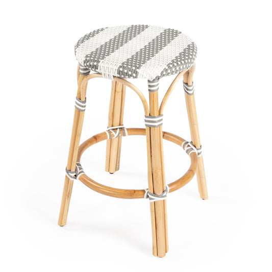 Tobias Rattan Round 24" Counter Stool in Gray and White Stripe  9371144