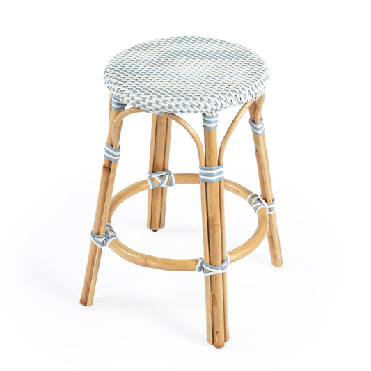 Tobias Rattan Round 24" Counter Stool in White and Sky Blue Dot  9371194