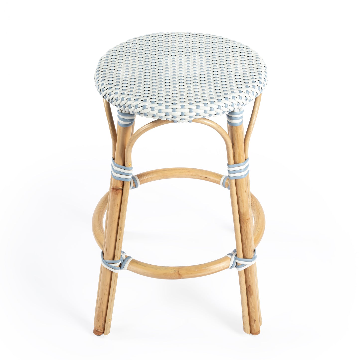 Tobias Rattan Round 24" Counter Stool in White and Sky Blue Dot  9371194