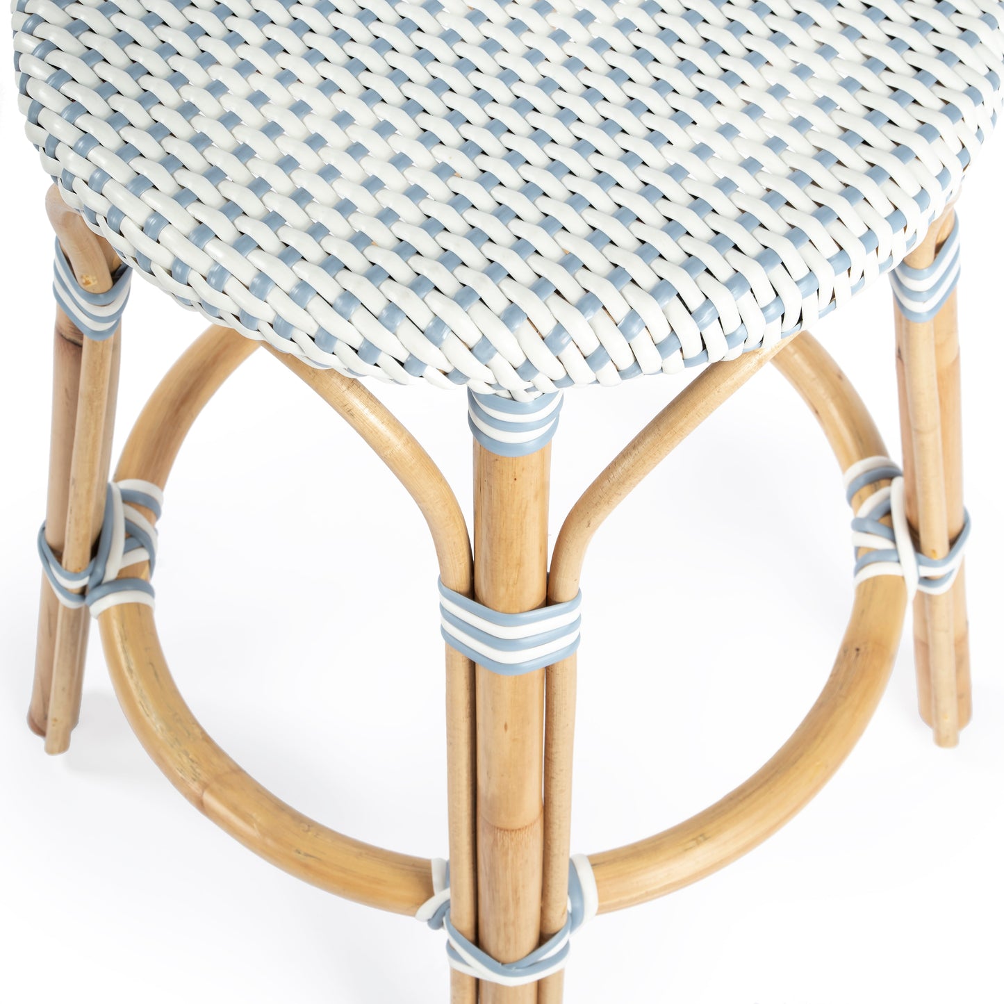 Tobias Rattan Round 24" Counter Stool in White and Sky Blue Dot  9371194