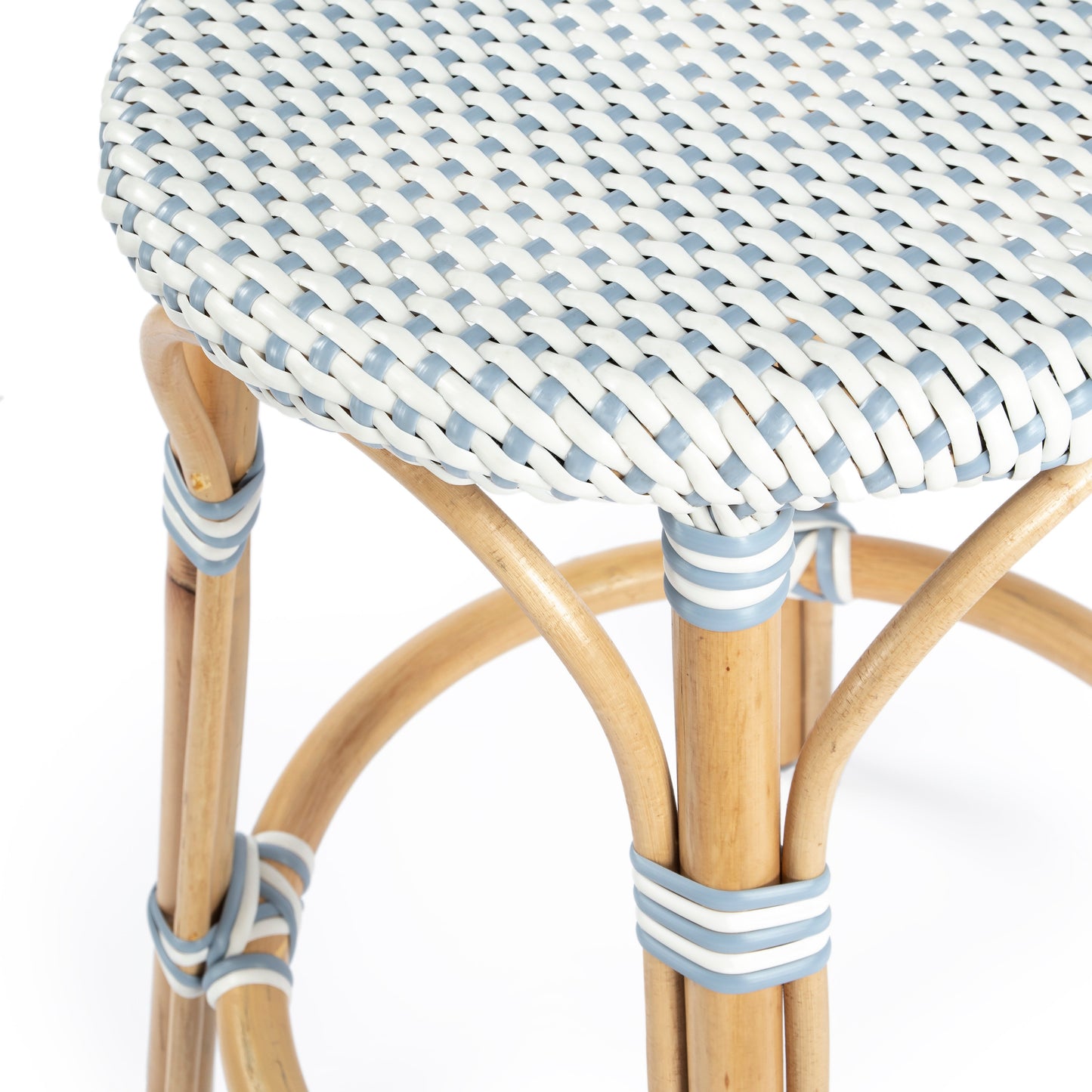 Tobias Rattan Round 24" Counter Stool in White and Sky Blue Dot  9371194