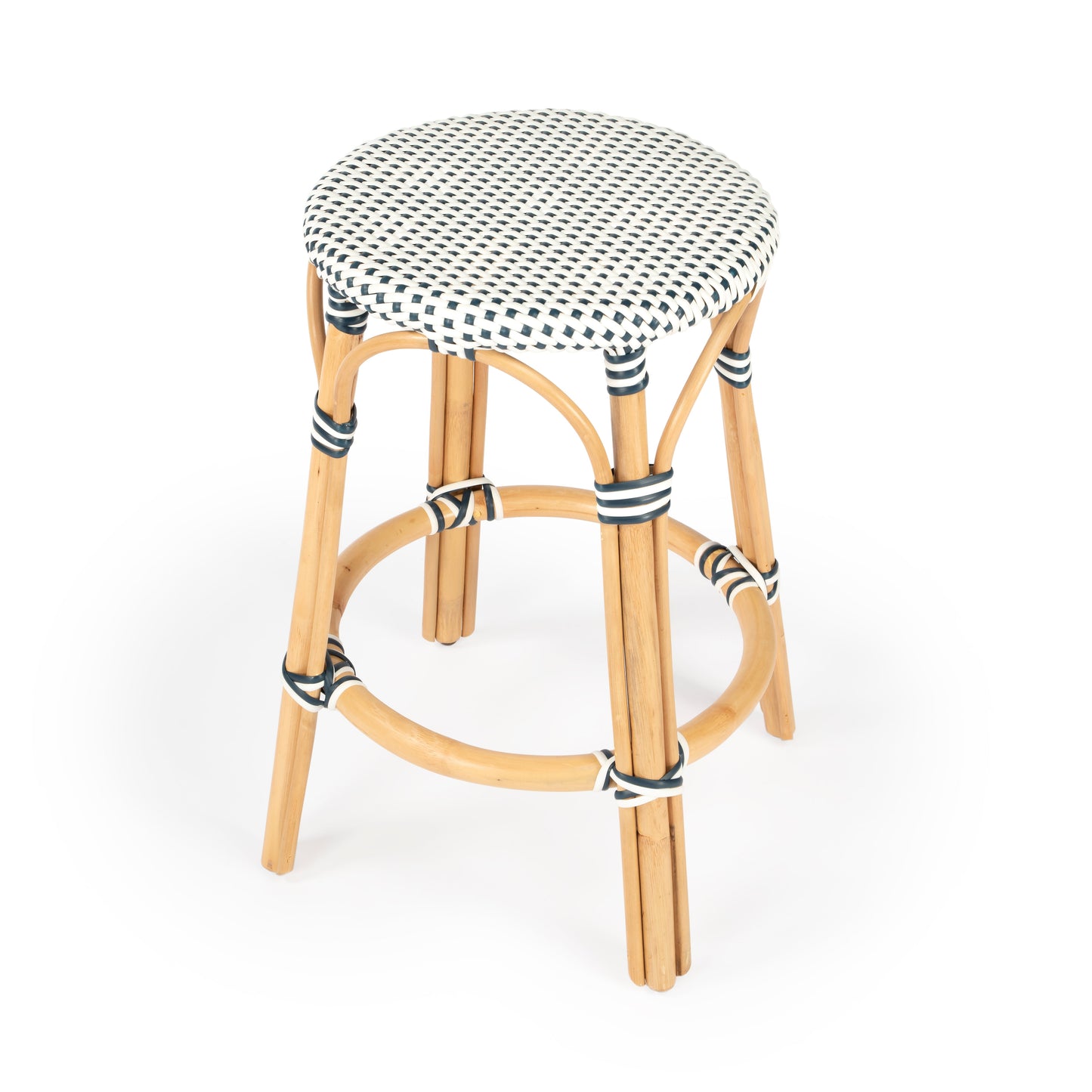 Tobias Rattan Round 24" Counter Stool in White and Navy Dot  9371222